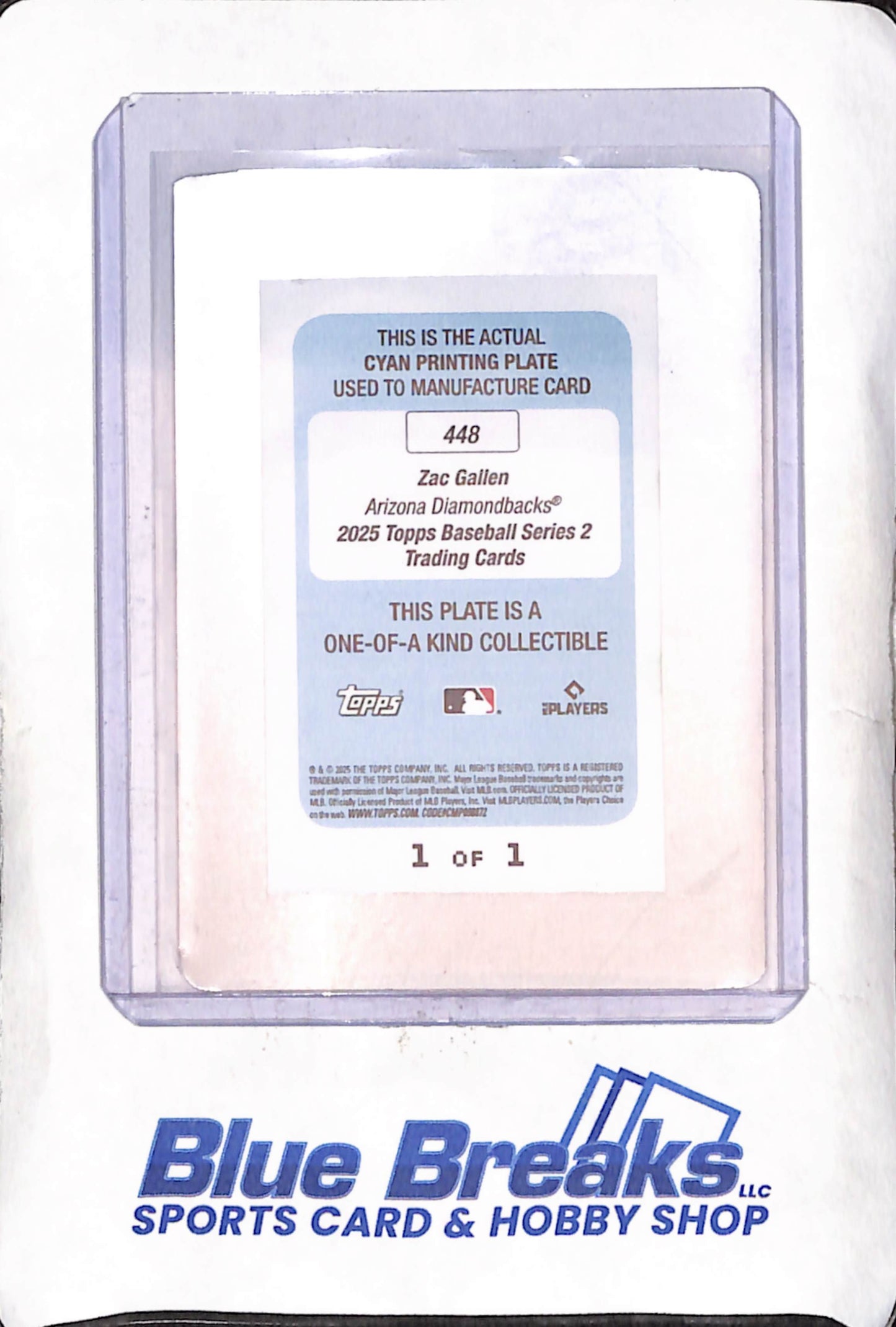 2025 Topps Series 2 - Zac Gallen - Cyan Printing Plate - 1/1 - Arizona Diamondbacks - Baseball - #448