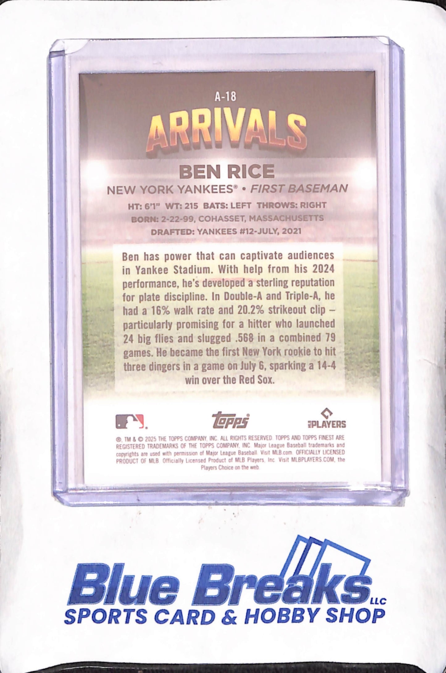2025 Topps Finest - Ben Rice - New Arrivals - RC - Purple - 6/125 - New York Yankees - Baseball - #A-18