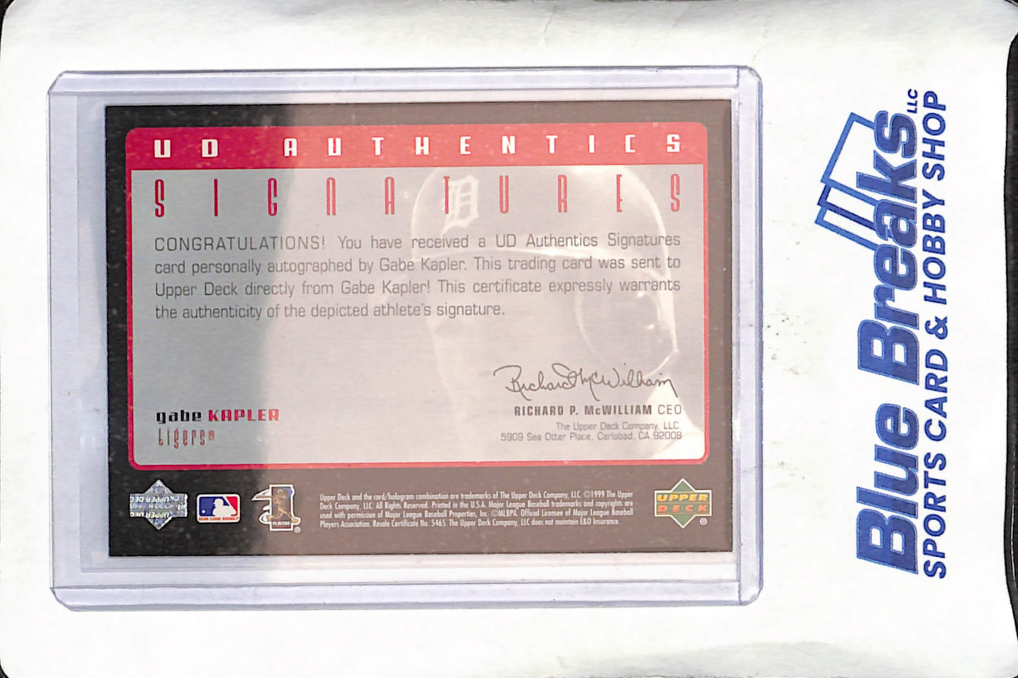 1999 Upper Deck Authentics Signatures - Gabe Kapler - Autograph - Detroit Tigers - Baseball