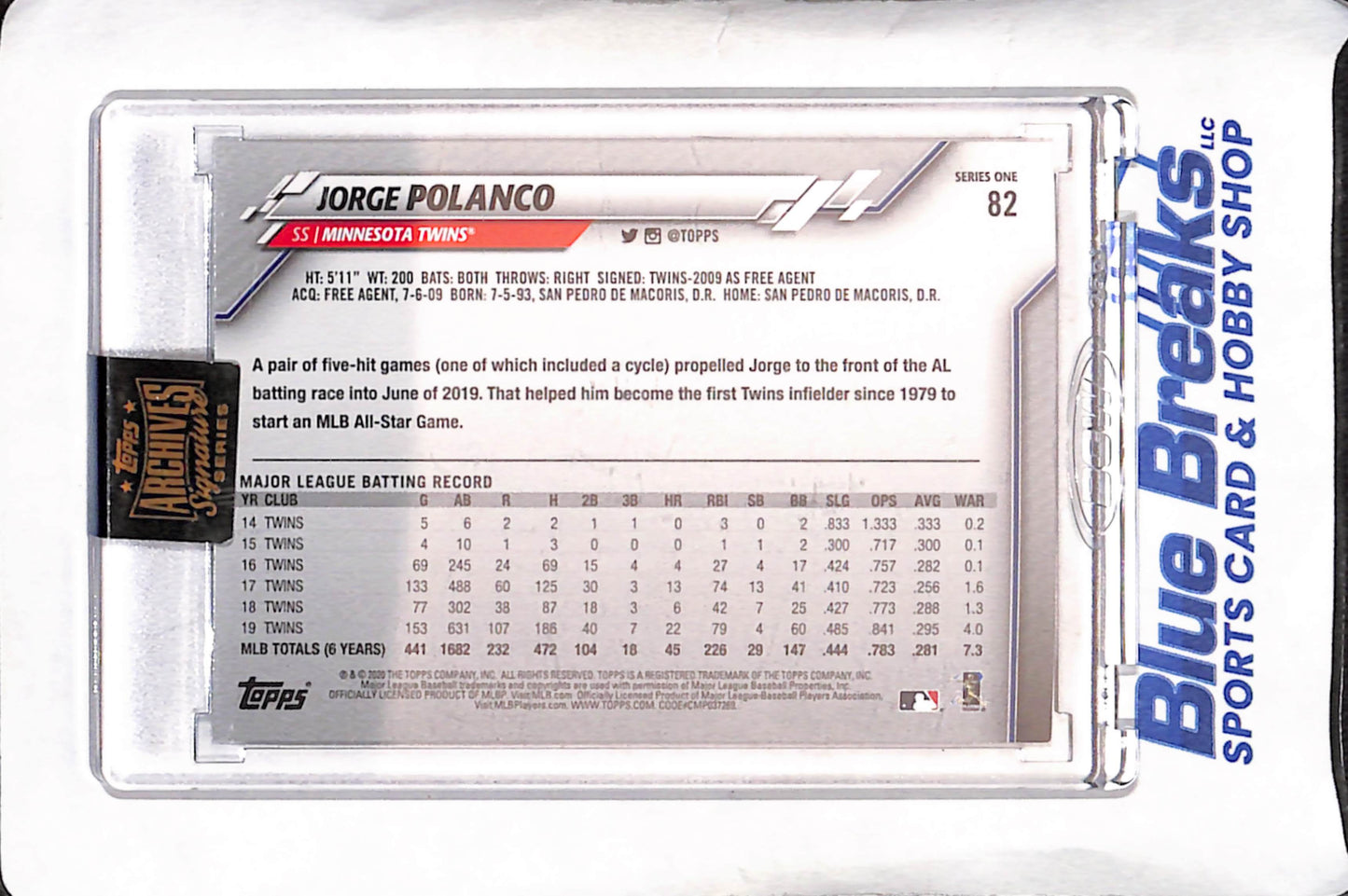 2020 Topps Archives Signature Series - Jorge Polanco - Autograph - 9/99 - Minnesota Twins - Baseball - #82