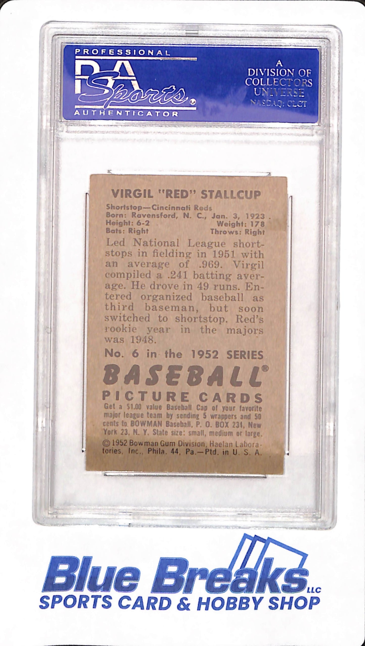 1952 Bowman - Virgil Stallcup - Baseball - Cincinnati Reds - # 6 - PSA 5