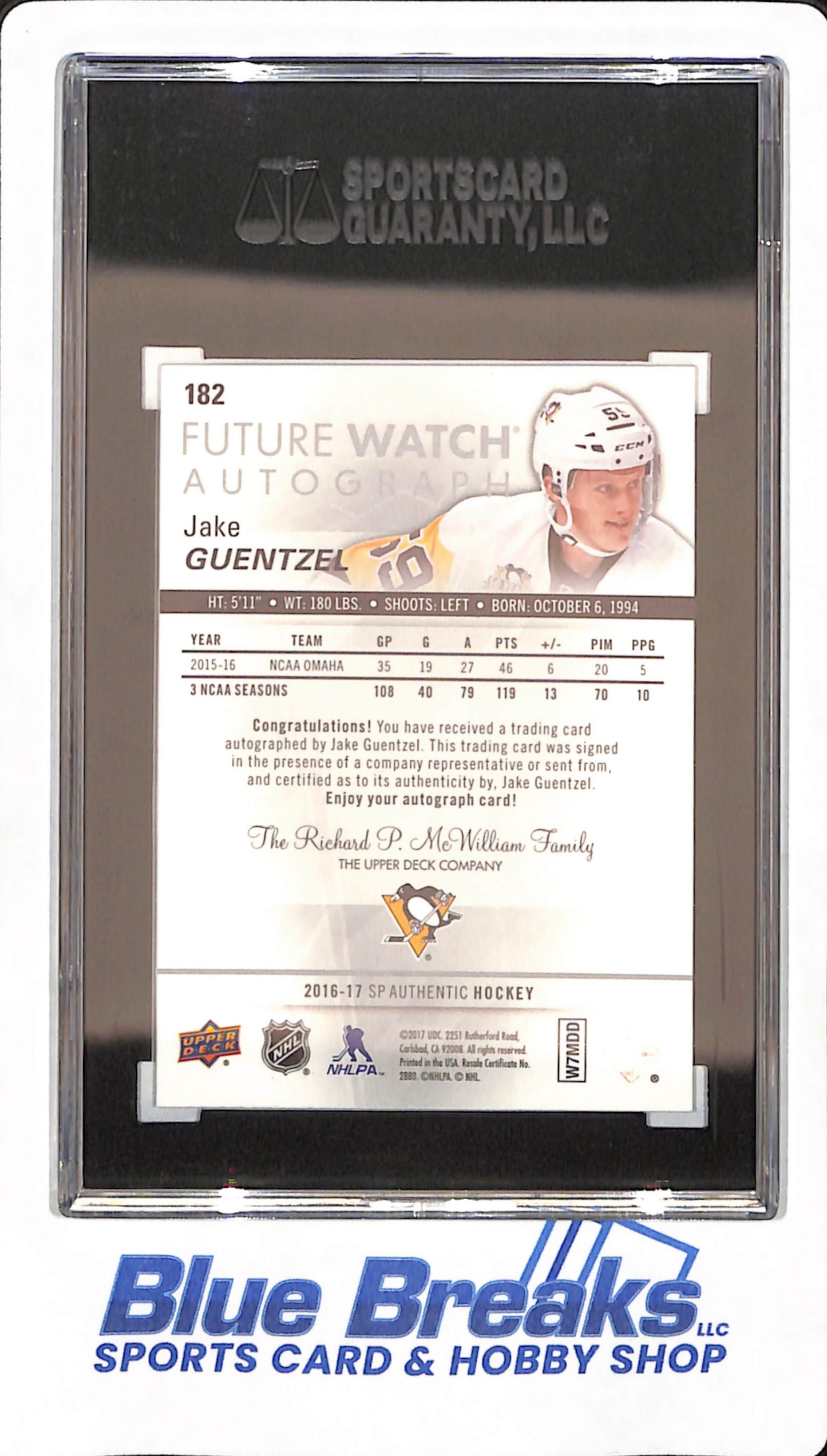 2016-17 SP Authentic - Jake Guentzel - Future Watch - Ice Hockey - Pittsburgh Penguins - Autographed - #182 - SGC 9.5 - 847/99