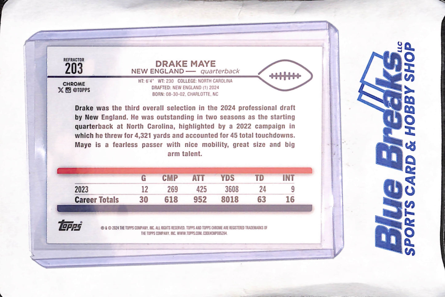 2024 Topps Chrome - Drake Maye - RC - Refractor - New England Patriots - Football - #203