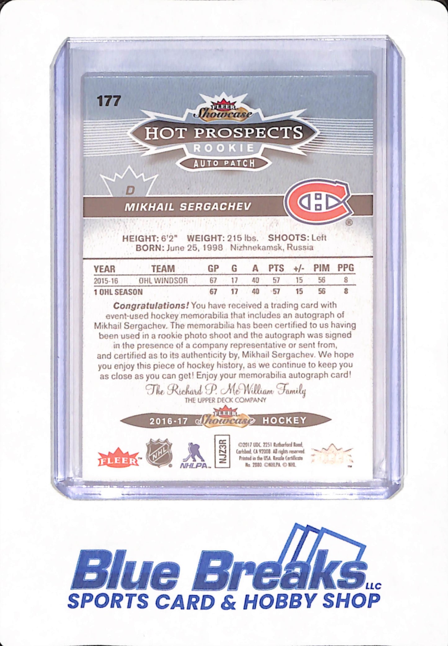 2016-17 Upper Deck Fleer Showcase - Mikhail Sergachev - Ice Hockey - Montreal Canadiens - Hot Prospects - Relic - Autographed - # 177 - 05/10