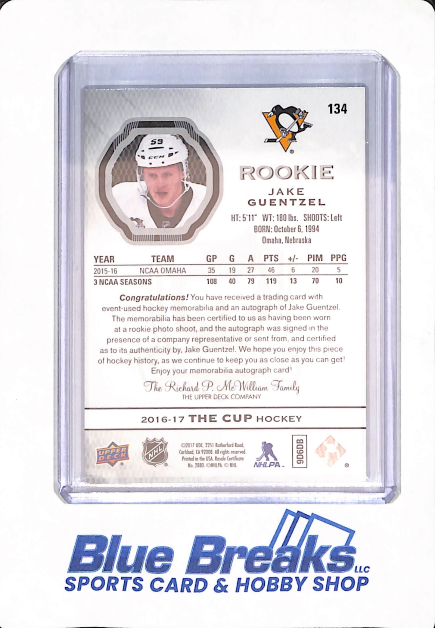 2016-17 Upper Deck - The Cup - Jake Guentzel - Ice Hockey - Pittsburgh Penguins - # 134 - Rookie - 177/249 - Relic - Autographed