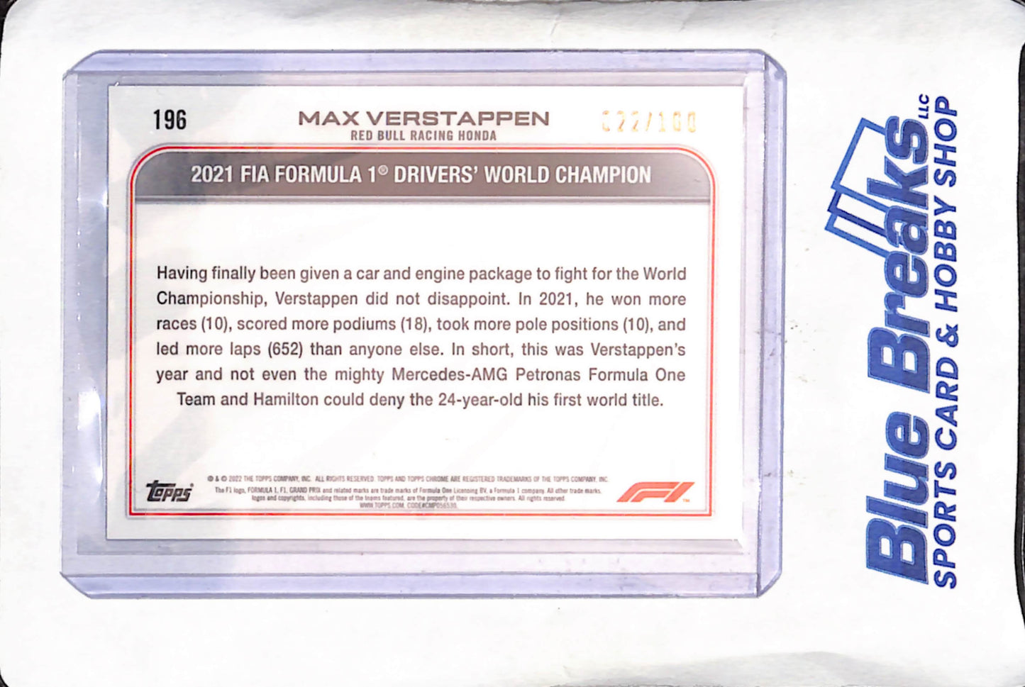 2022 Topps Chrome F1 - Max Verstappen - Sepia Refractor - 22/100 - Red Bull Racing - Formula 1 - #196