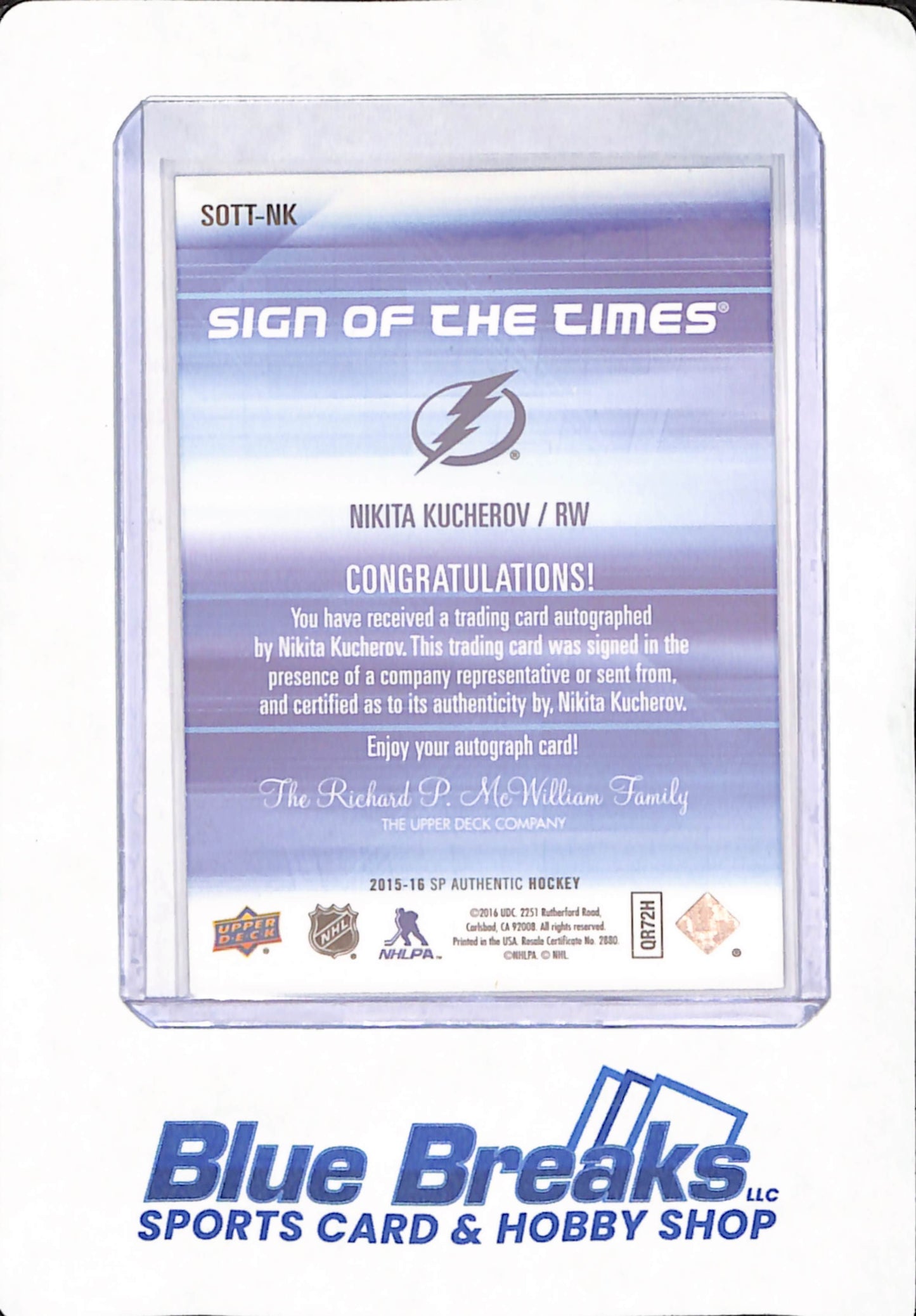 2015-16 Upper Deck - SP Authentic Hockey - Nikita Kucherov - Ice Hockey - Tampa Bay Lightning - # SOTT-NK - Sign of the Times - Autographed