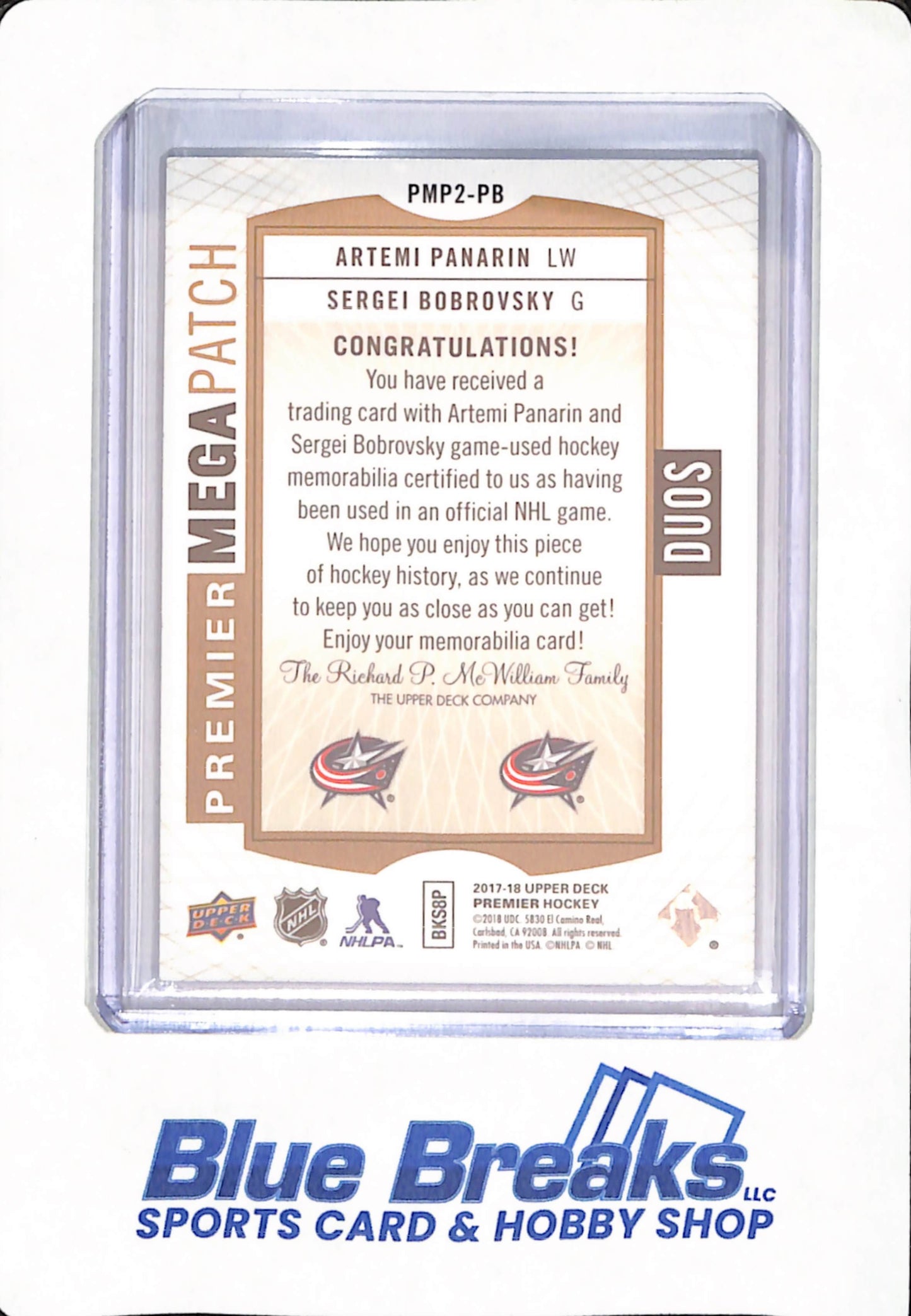 2017-18 Upper Deck Premier Hockey - Artemi Panarin - Sergei Bobrovsky - Ice Hockey - Columbus Blue Jackets - # PMP2-PB - Relic - 04/25