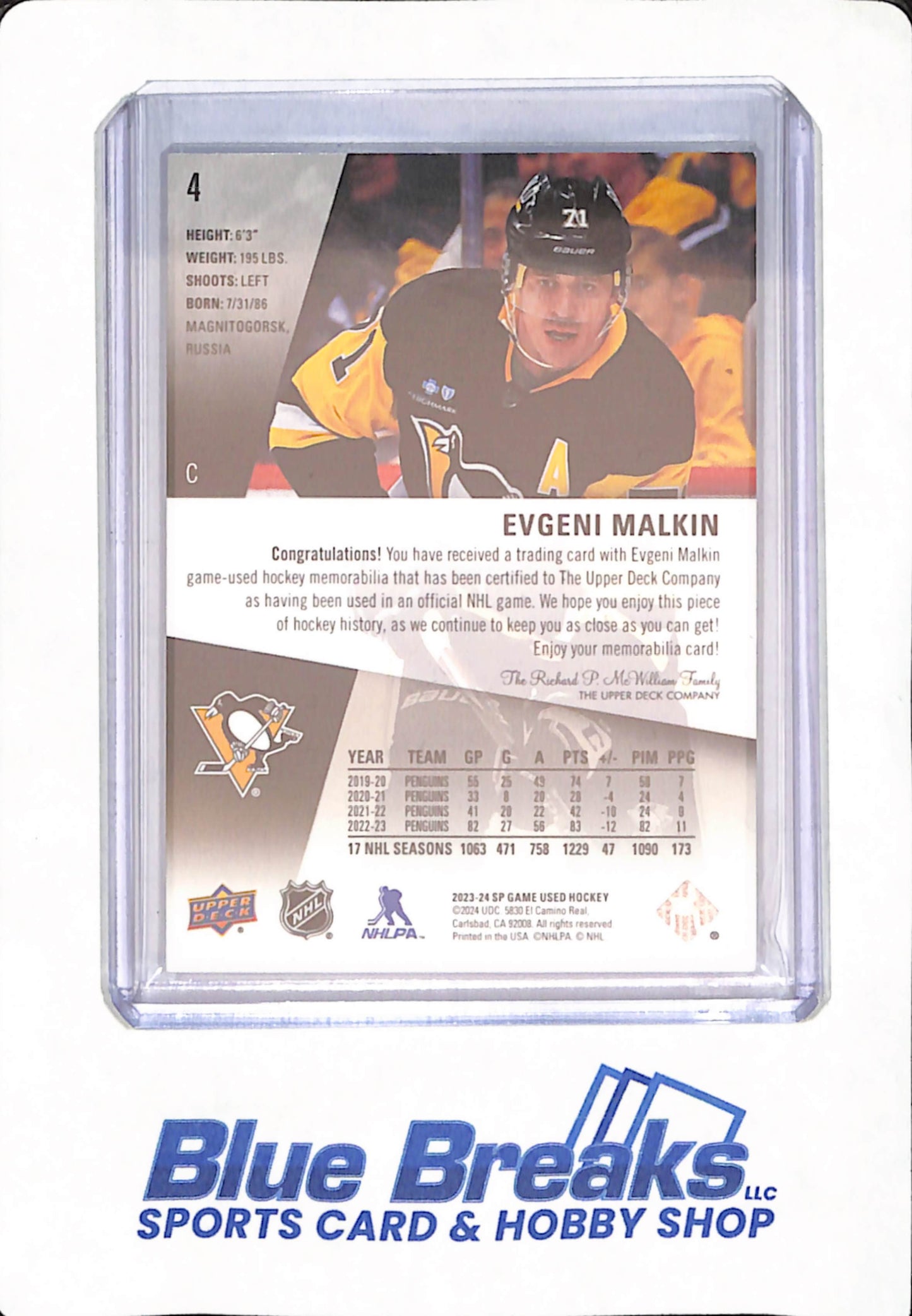 2023-24 Upper Deck - SP Game Used - Evgeni Malkin - Ice Hockey - Pittsburgh Penguins - # 4 - Relic - 14/25