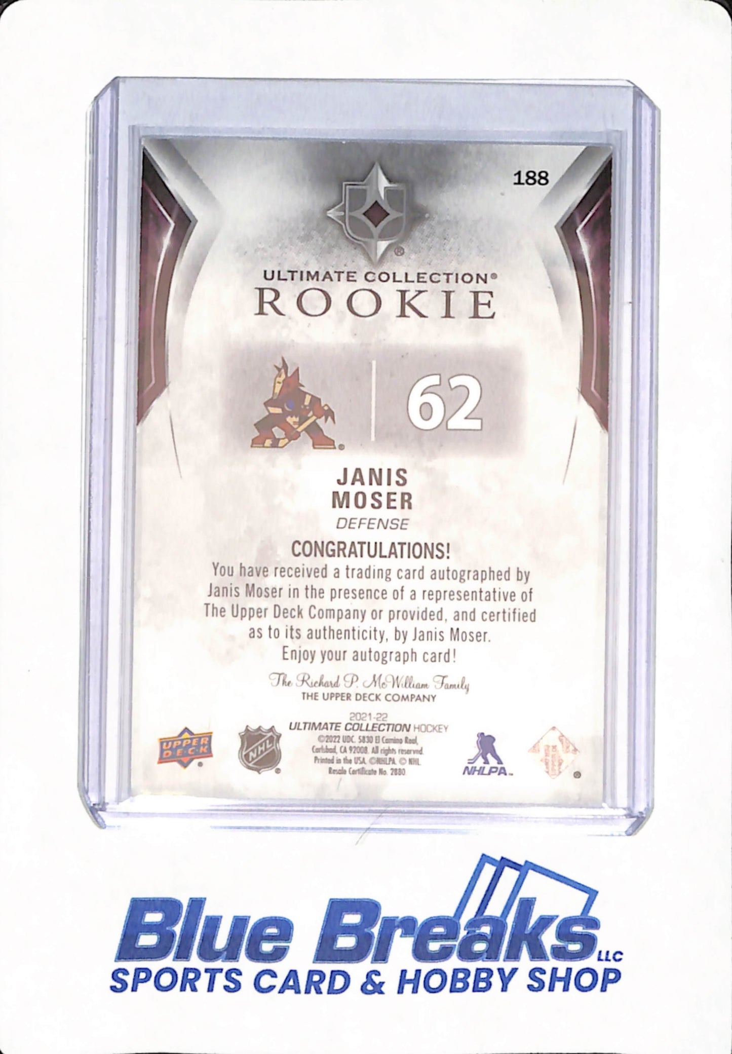 2021-22 Upper Deck - Ultimate Collection - Janis Moser - Ice Hockey - Arizona Coyotes - # 188 - Autographed - Rookie - 091/299