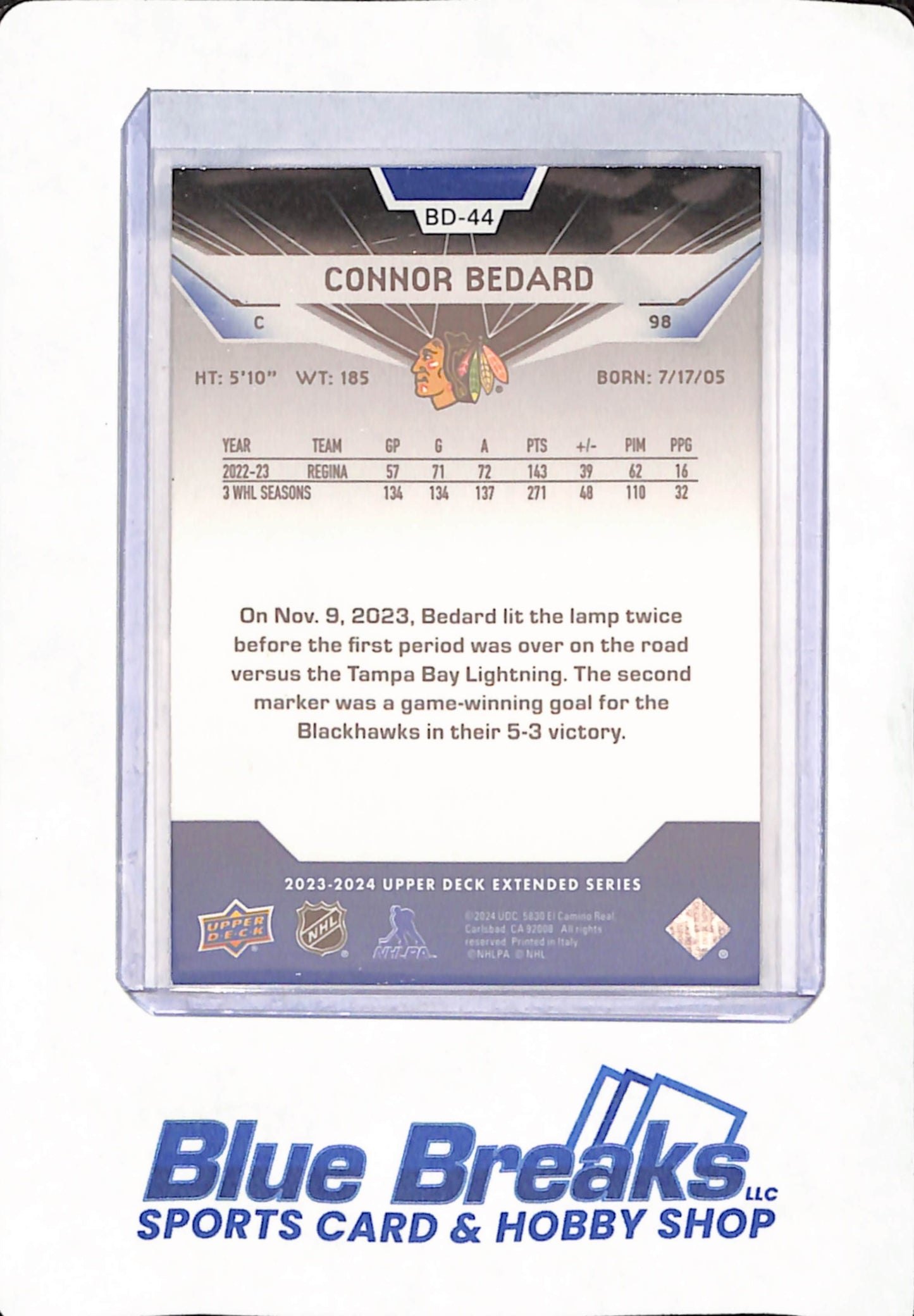 2023-24 Upper Deck - Extended Series - Connor Bedard - Ice Hockey - Chicago Blackhawks - # BD-44 - Rookie Gems - Black Diamond