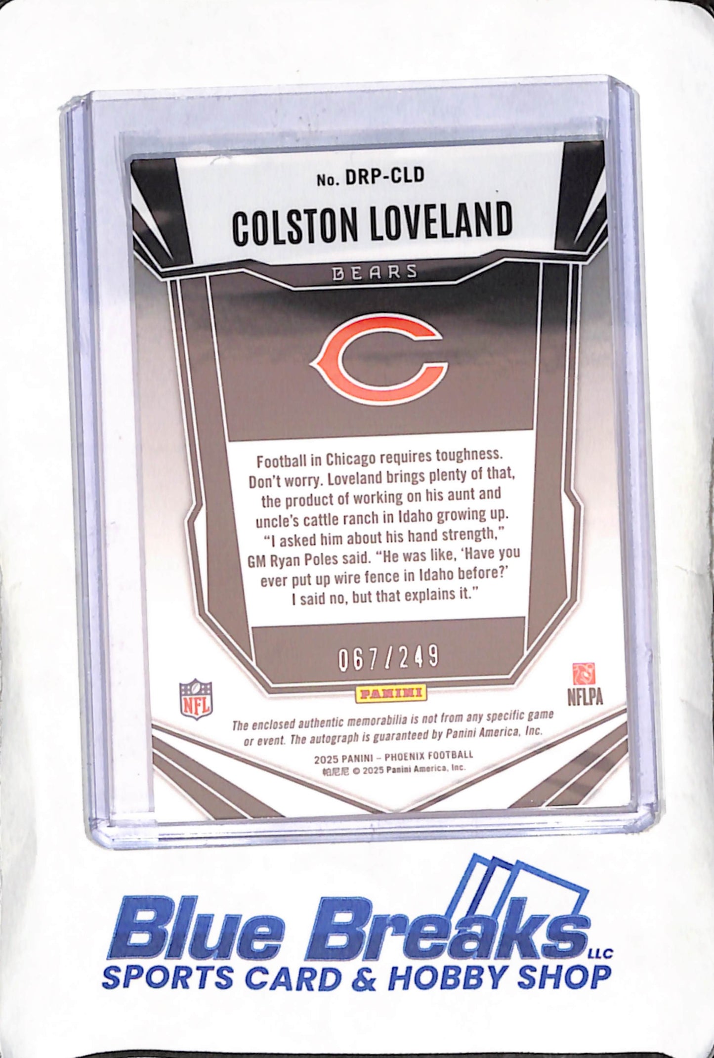 2025 Panini Phoenix - Colston Loveland - Dual Relic - Autograph - RC - 67/249 - Chicago Bears - Football - #DRP-CLD