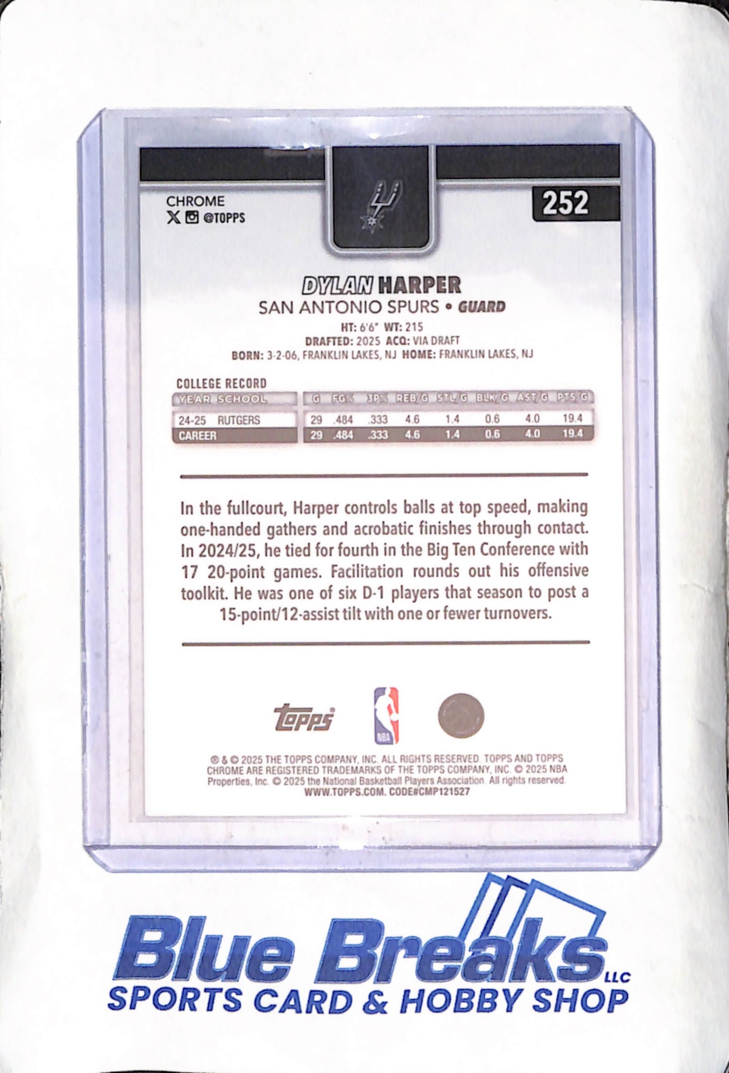 2025 Topps Chrome - Dylan Harper - RC - X-Fractor - San Antonio Spurs - Basketball - #252