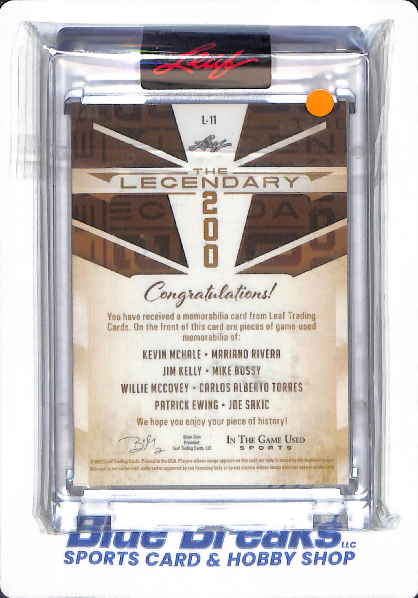 2022 Leaf in the Game Used Sports - The Legendary 200 - Kevin McHale, Mariano Rivera, Jim Kelly, Mike Bossy, Willie McCovey, Carlos Torres, Patrick Ewing, Joe Sakic - Baseball - Basketball - Football - Hockey - Soccer - Relic - 39/45