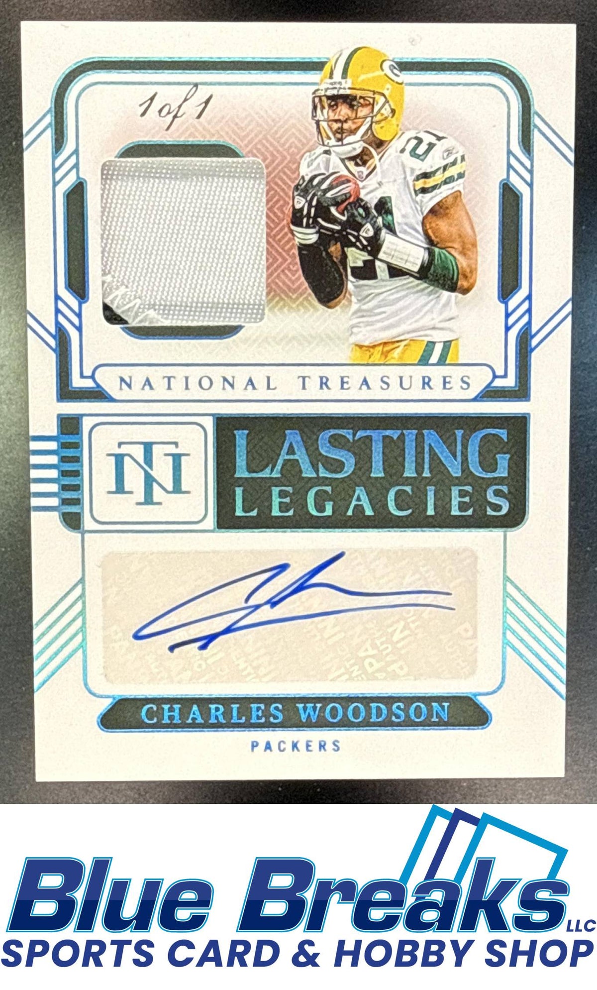 2024 Panini National Treasures Charles Woodson #LL-CWN Lasting Legacies Auto Relic Prime Platinum 1/1 Green Bay Packers