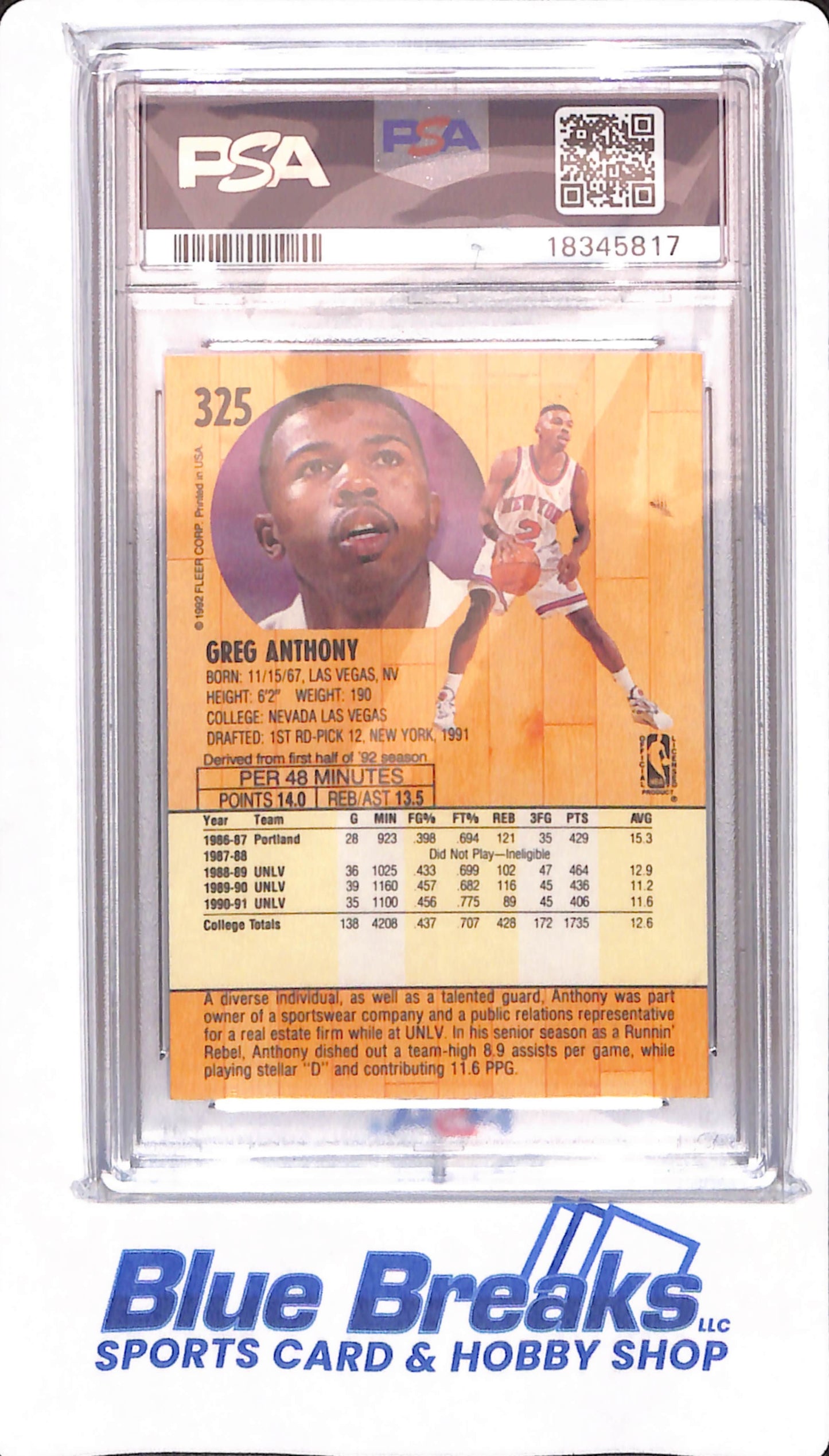 1991 Fleer - Greg Anthony - #325 - Basketball - New York Knicks