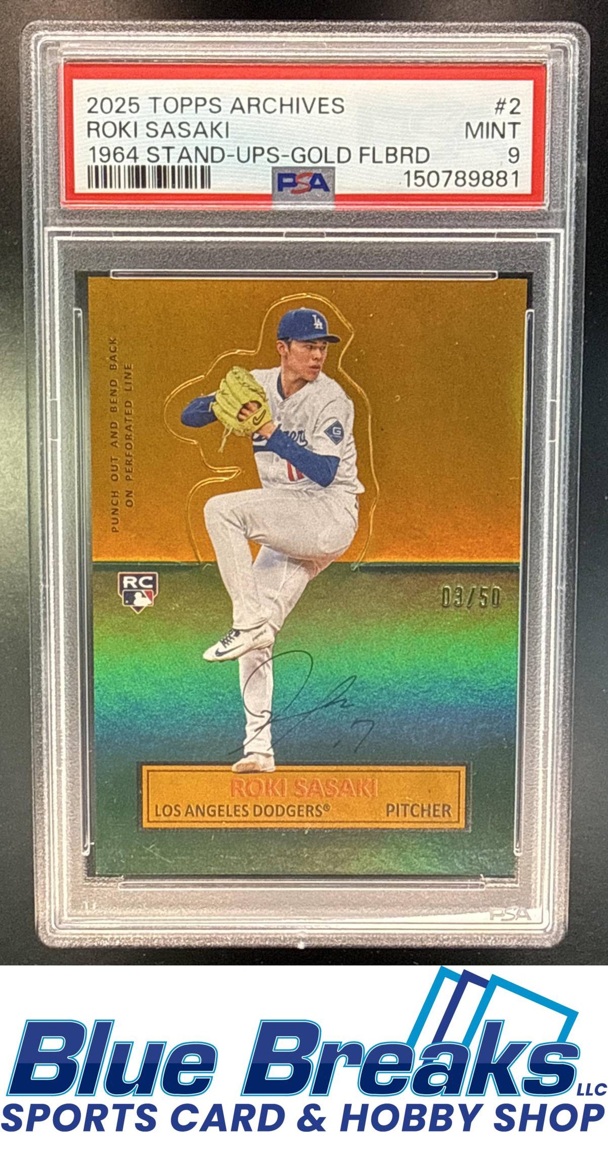 2025 Topps Archives Roki Sasaki #64SU-2 1964 Topp Stand Ups Gold Foilboard 03/50 RC PSA 9 Los Angeles Dodgers