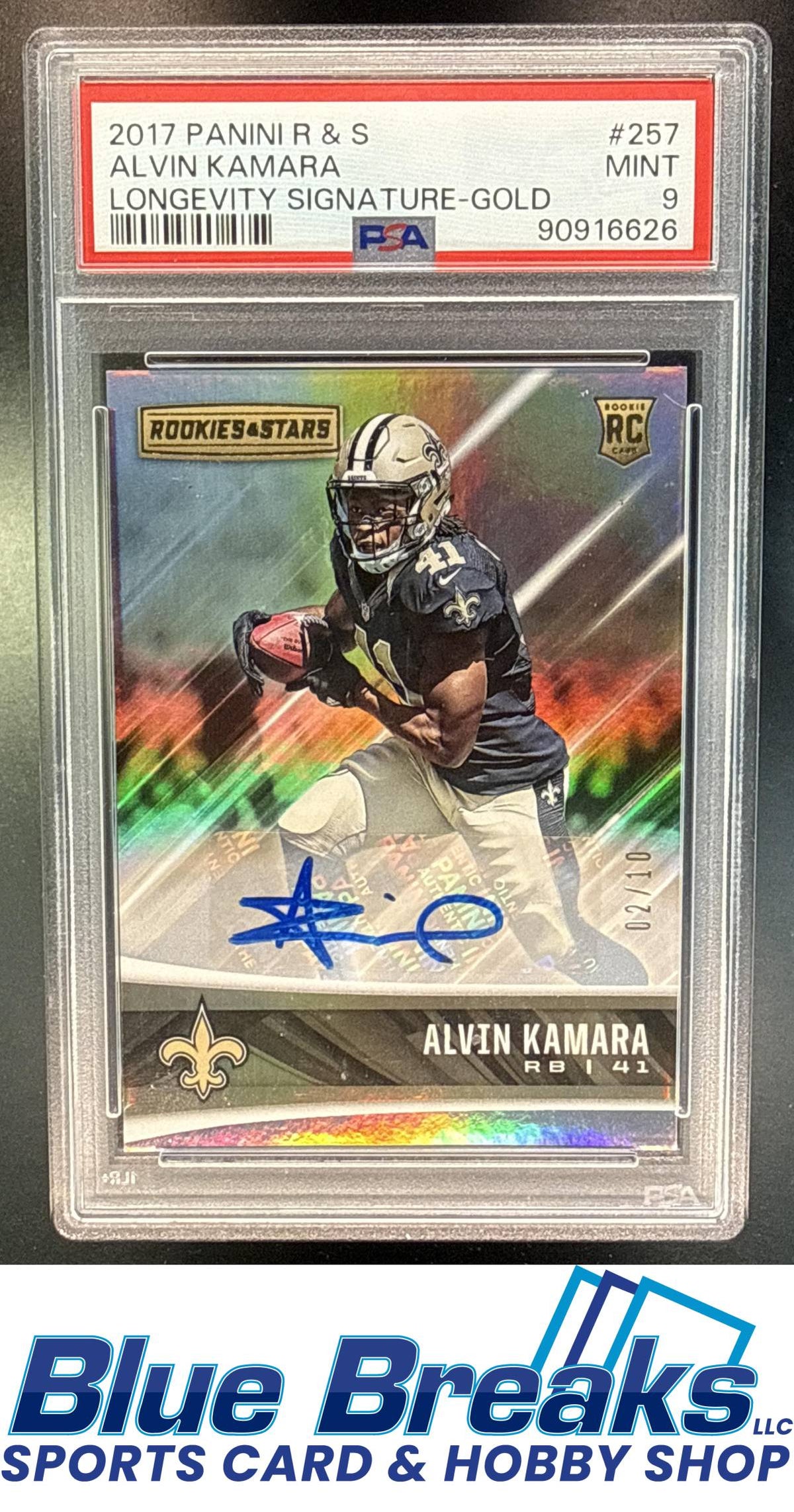 2017 Panini Rookies & Stars Alvin Kamara #257 Longevity Signatures Gold 02/10 RC Auto PSA 9 New Orleans Saints