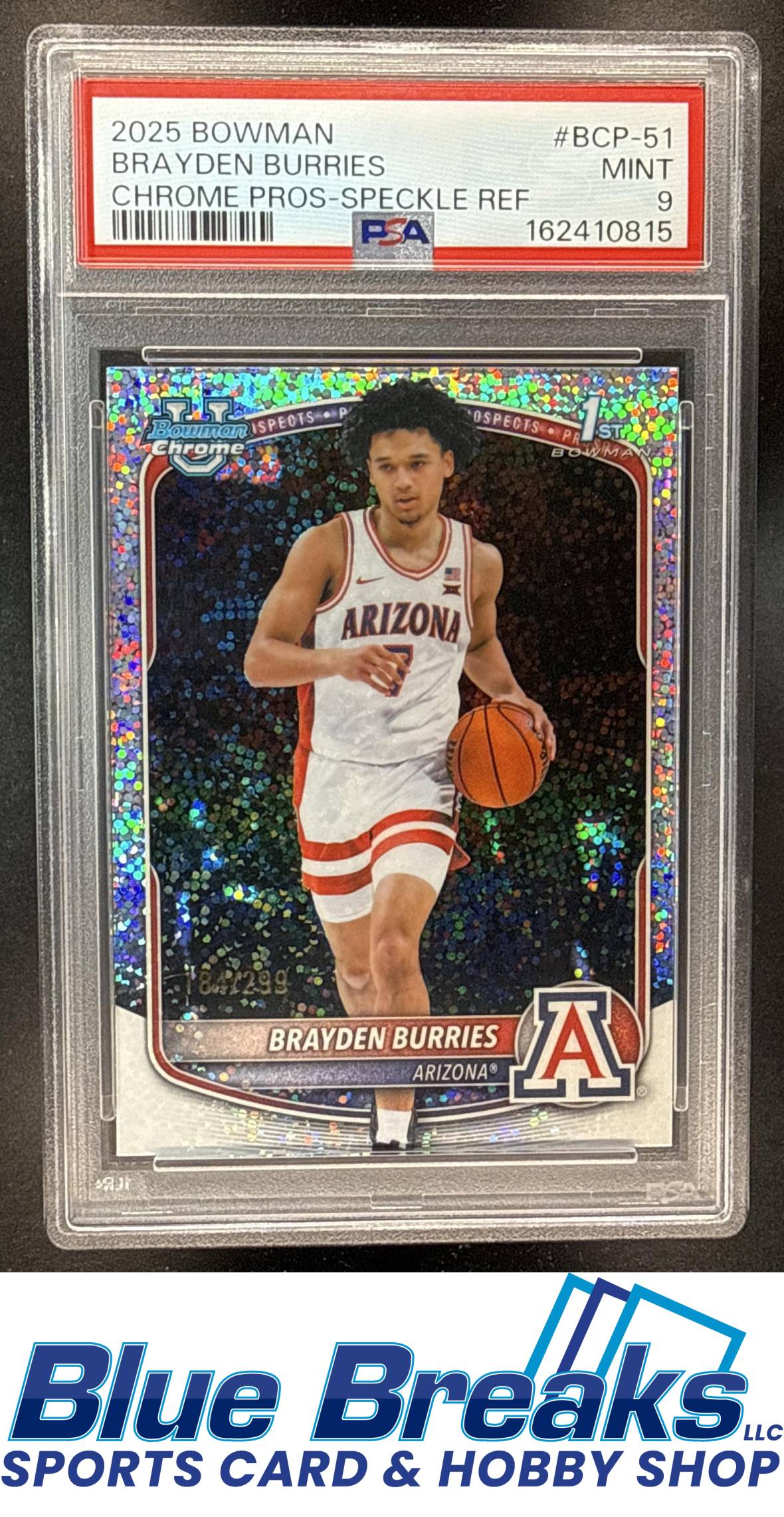 2025 Bowman Brayden Burries #BCP-51 Chrome Speckle Refractor 184/299 1st Prospect PSA 9 Arizona Wildcats / Milwaukee Bucks