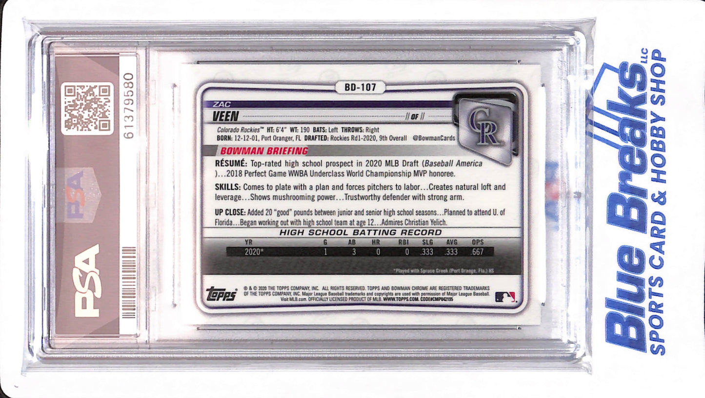 2020 Bowman Draft - Zac Veen - # BD107 - Baseball - Colorado Rockies - PSA 10 - Chrome