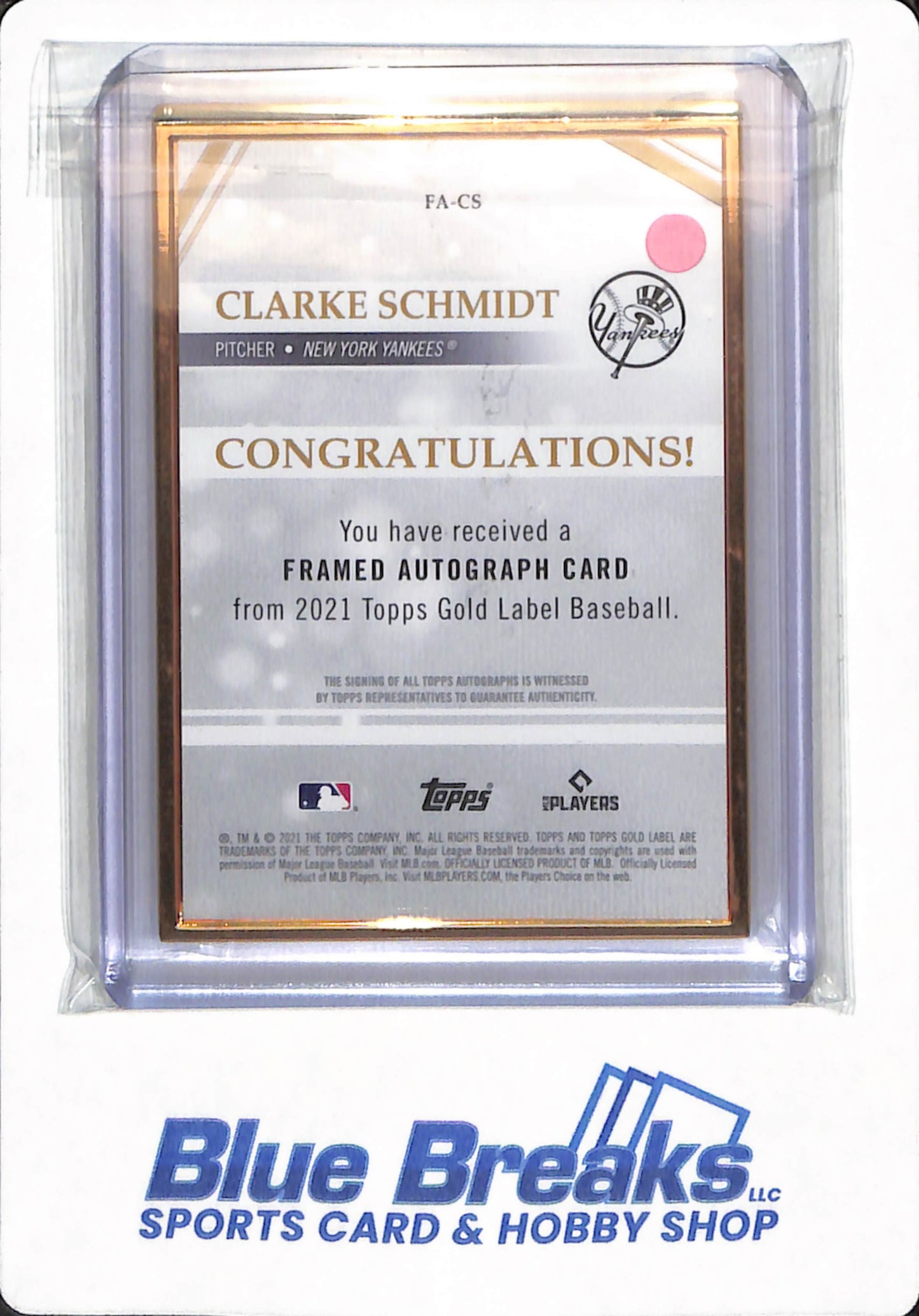 2021 Topps Gold Label - Clarke Schmidt - #FA-CS - New York Yankees - Baseball - Autographed