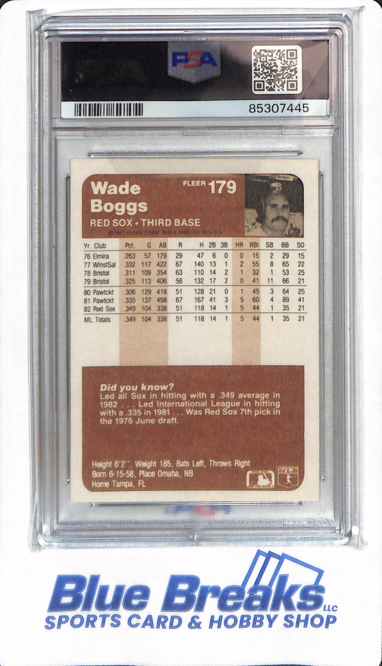 1983 Fleer - Wade Boggs - #179 - PSA 8 - Boston Red Sox - Baseball