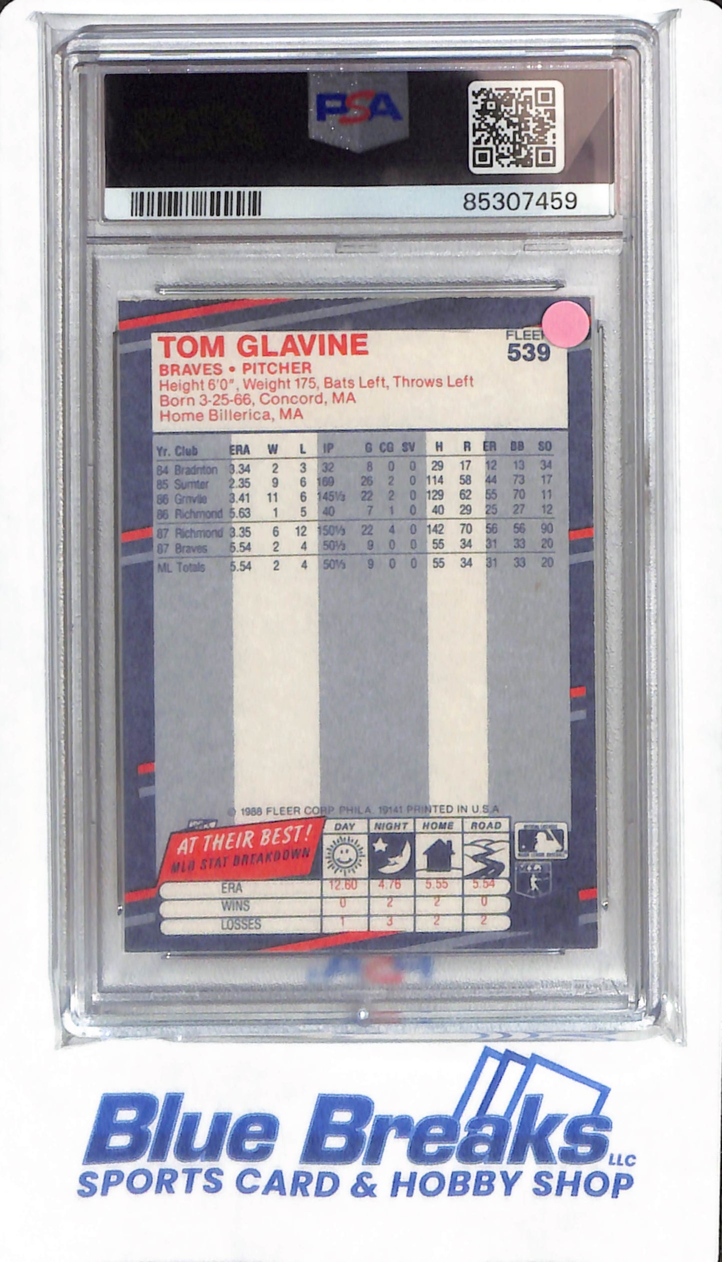1988 Fleer - Tom Glassine - #539 - PSA 8 - Atlanta Braves - Baseball
