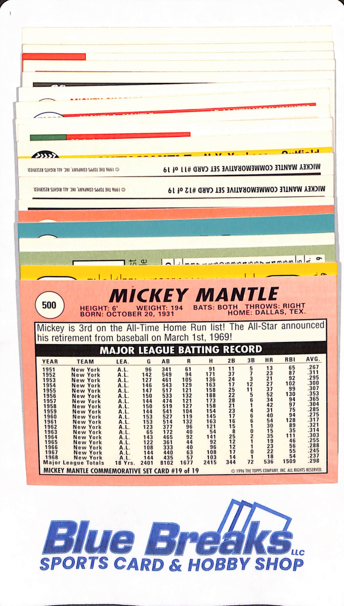 1996 Topps Mickey Mantle - Set of 19 cards. Complete Set.