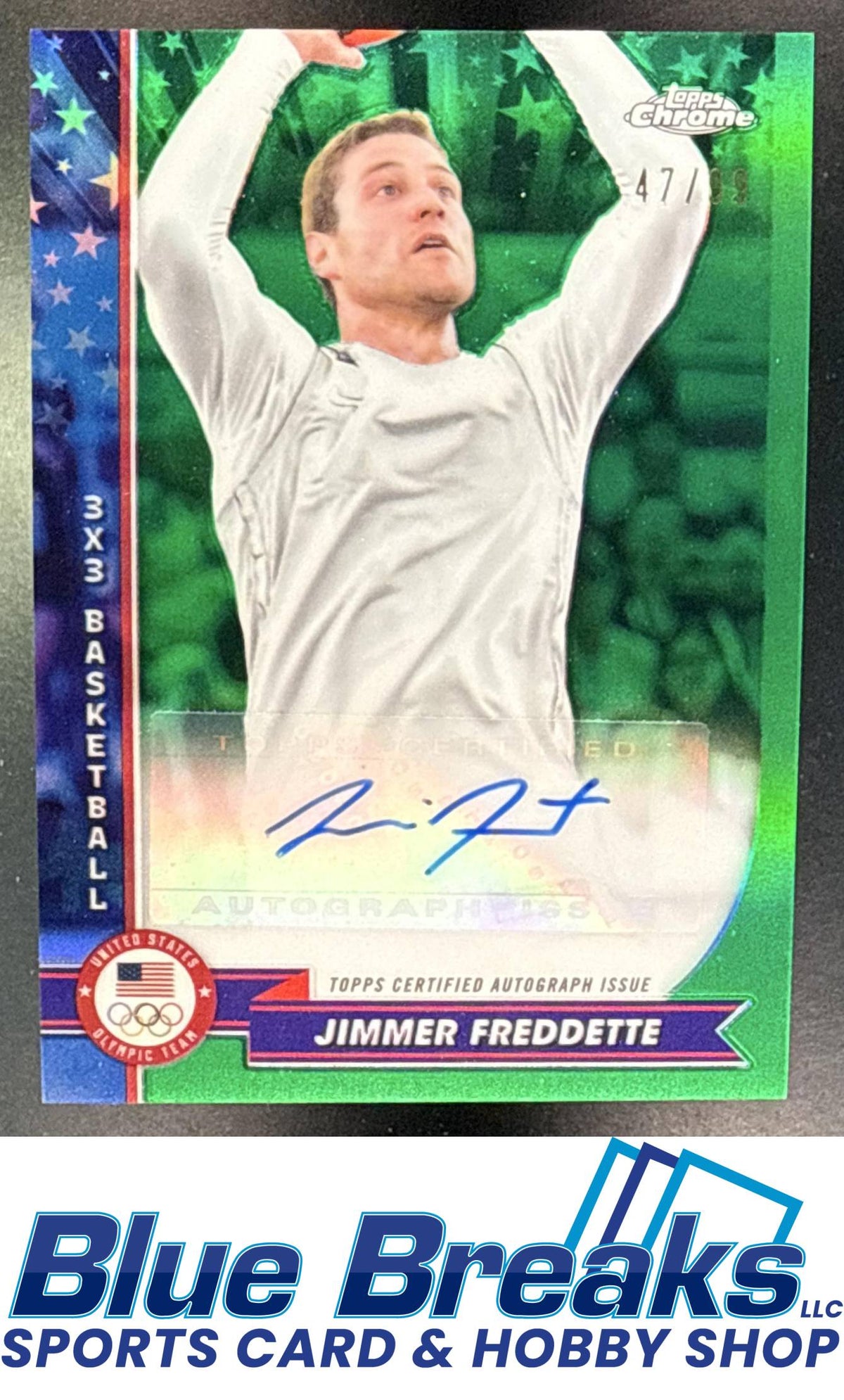 2024 Topps Chrome US Olympics Jimmer Fredette #AU-JF Auto Green Refractor 47/99 Milwaukee Bucks