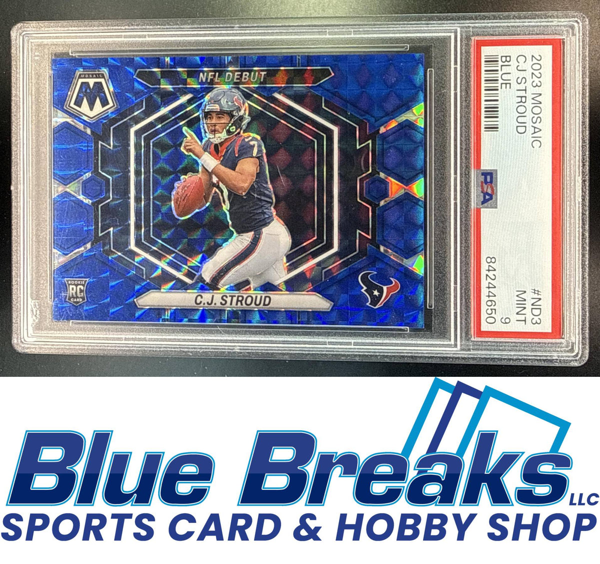 2023 Panini Mosaic C.J. Stroud #ND-3 Blue Mosaic Prizm 32/99 RC NFL Debut PSA 9 Houston Texans