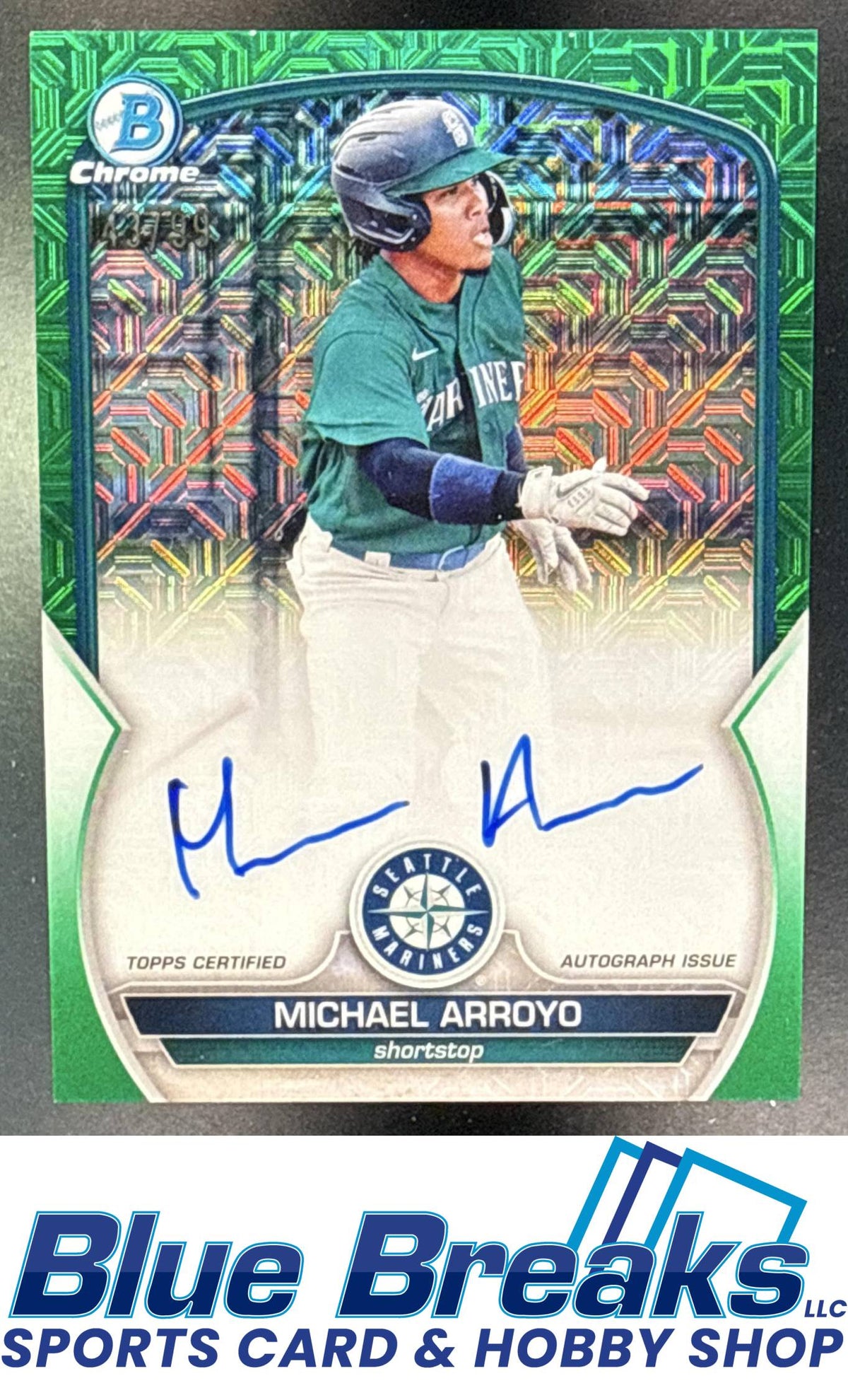 2023 Bowman Mega Box Michael Arroyo #BMA-MA Chrome Prospects Auto Green Mojo Refractor 43/99 Seattle Mariners