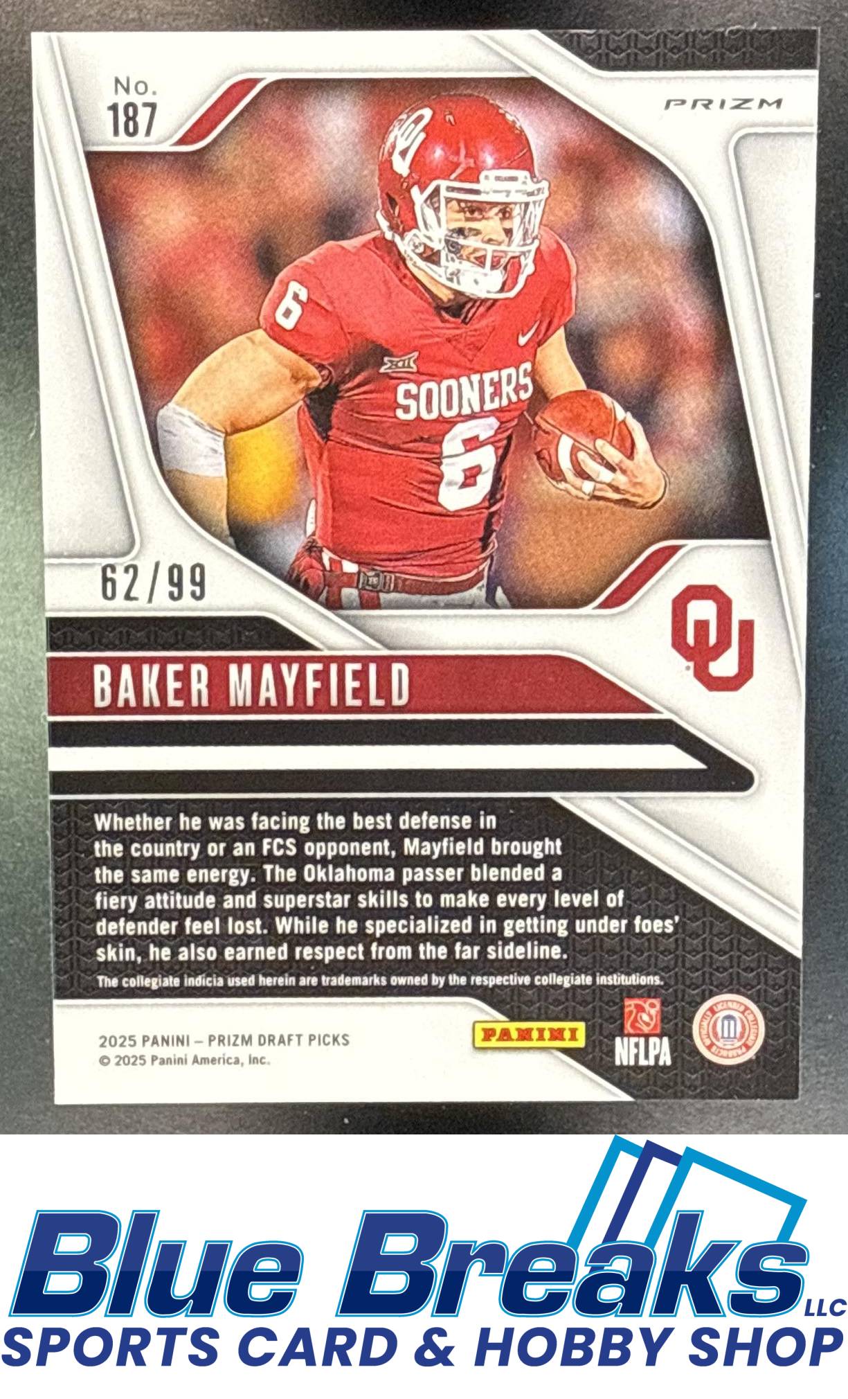 2025 Panini Prizm Draft Picks Baker Mayfield #187 Purple 62/99 Oklahoma Sooners