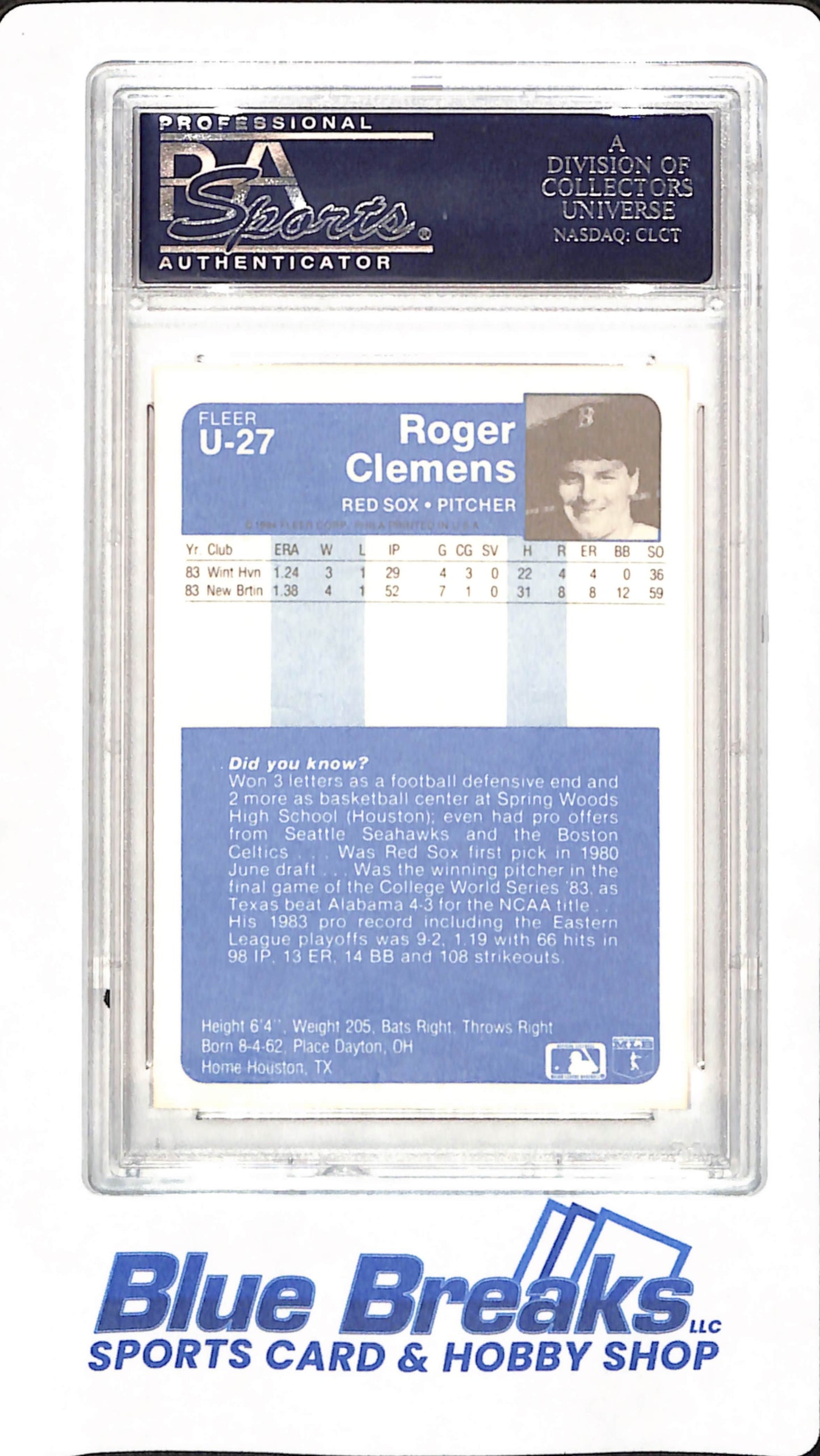 1984 Fleer Update - Roger Clemens - Baseball - Boston Red Sox - # U-27 - PSA 9