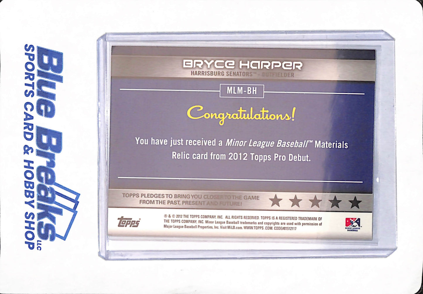 2012 Topps Pro Debut - Bryce Harper - Outfielder - Baseball - Washington Nationals - Gold - # MLM-BH - Relic - 20/50