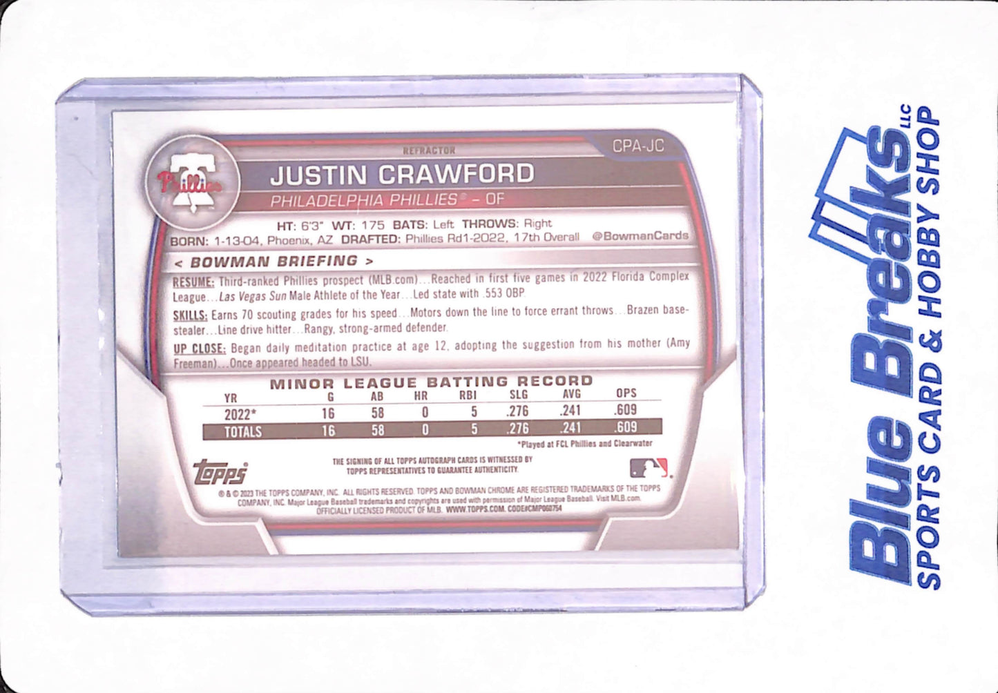 2023 Bowman Chrome - 1st bowman AUTO Refractor #CPA-JC Justin Crawford 113/499 - Philadelphia Phillies - Baseball