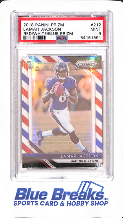 2018 Panini Prizm - Lamar Jackson - Football - Baltimore Ravens - Red / White / Blue - # 212 - PSA 9