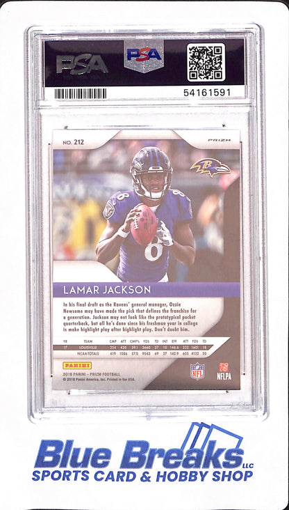 2018 Panini Prizm - Lamar Jackson - Football - Baltimore Ravens - Red / White / Blue - # 212 - PSA 9