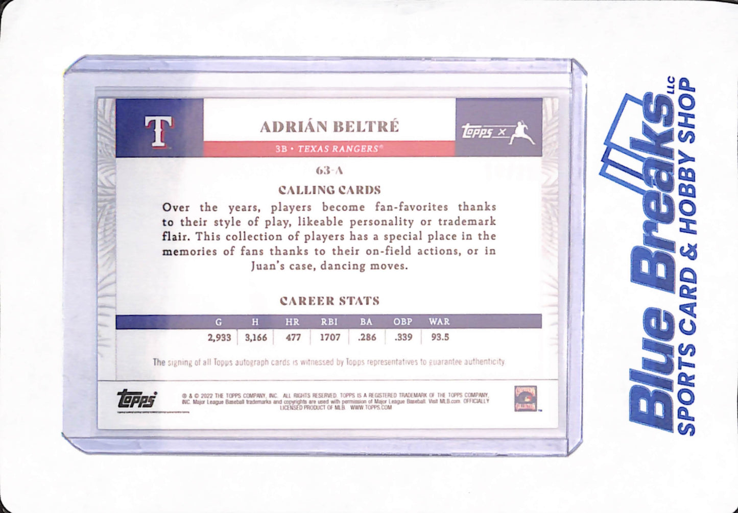 2022 Topps X - Calling Cards - Adrian Beltre - Baseball - Texas Rangers - Autographed - # 16/25