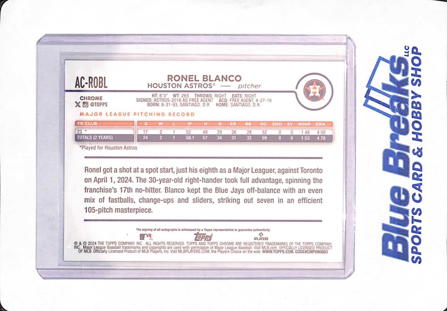 2024 Topps Chrome - Ronel Blanco - Baseball - Houston Astros - Rookie - Purple - Autographed - 177/250