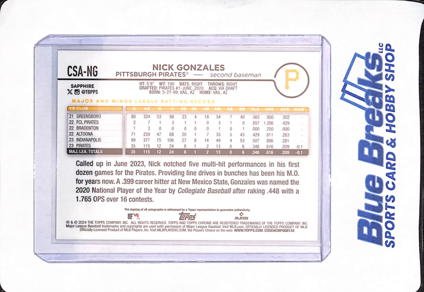 2024 Topps Chrome - Nick Gonzales - Baseball - Pittsburgh Pirates - # CSA-NG - 187/199 - Sapphire - Rookie - Blue - Autographed