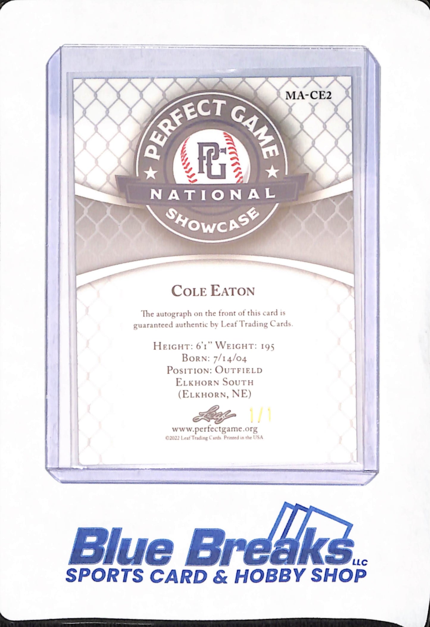 2022 Leaf Metal Perfect Game - Cole Eaton - Baseball - Blue 1/1 - Autographed