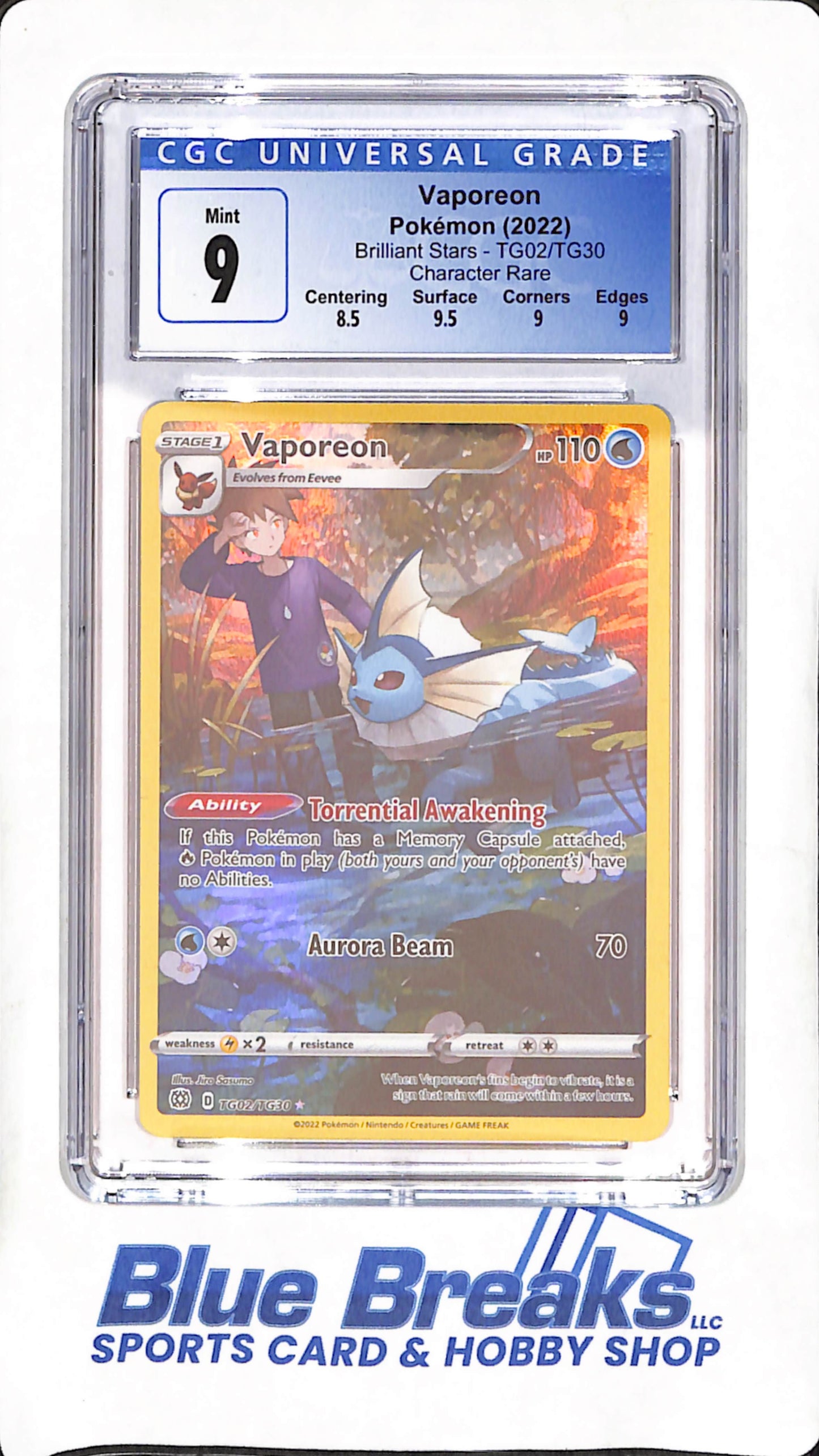 2022 Pokemon - Vaporeon - Brilliant Stars - Character Rare - CGC 9 - TG02/TG30