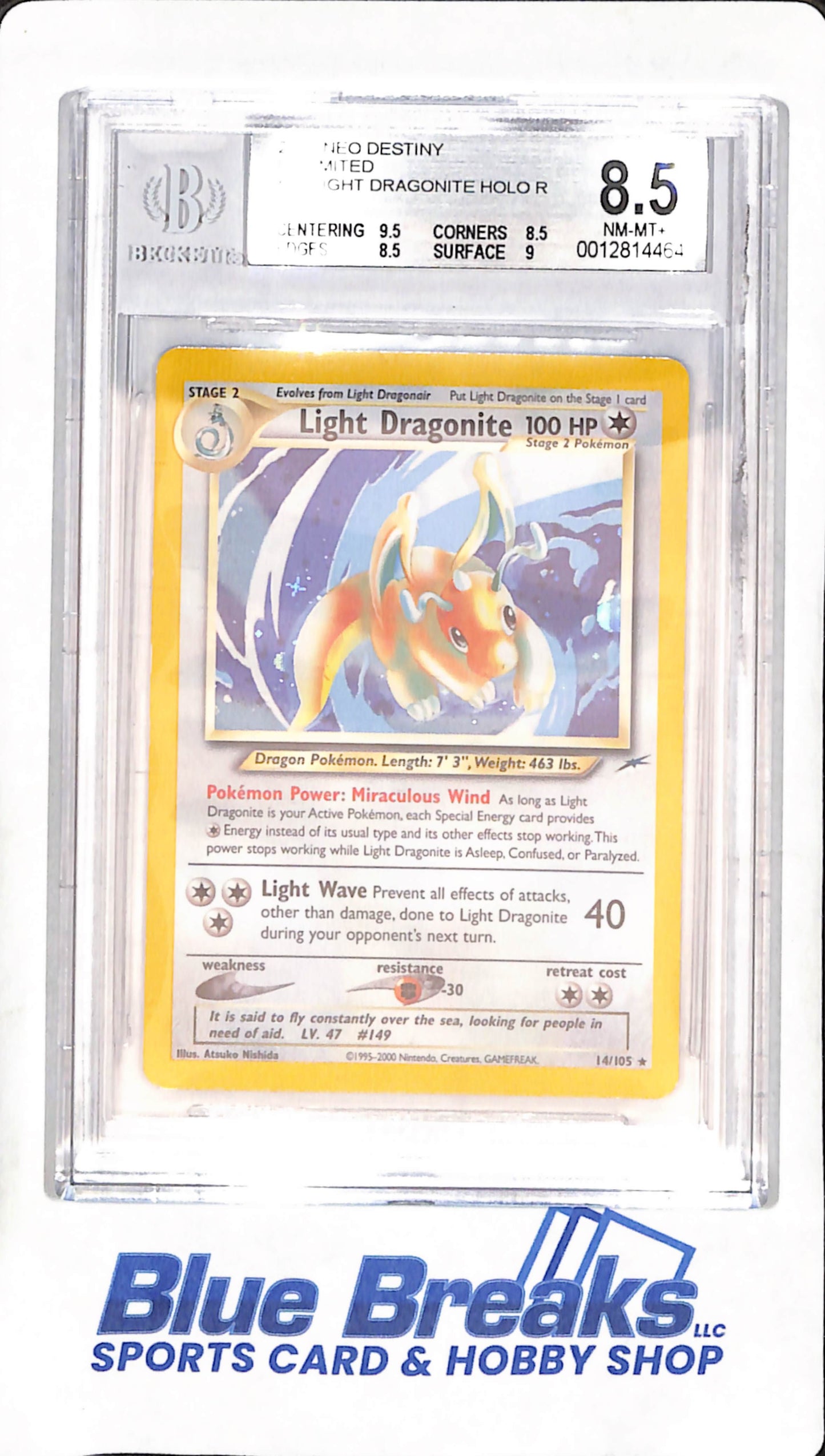 2002 Pokemon - Neo Destiny Unlimited Light Dragonite - Holo Rare - Beckett 8.5 - 14/105
