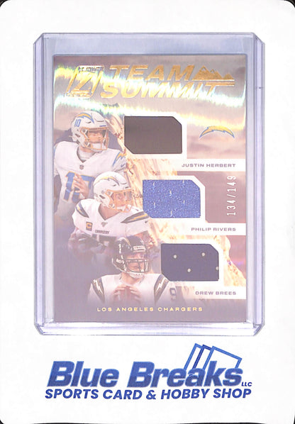 2021 Panini Zenith - Justin Herbert - Philip Rivers - Drew Brees - Football - Los Angeles Chargers - Team Summit - Triple Relic - 134/149 - #TS-SC