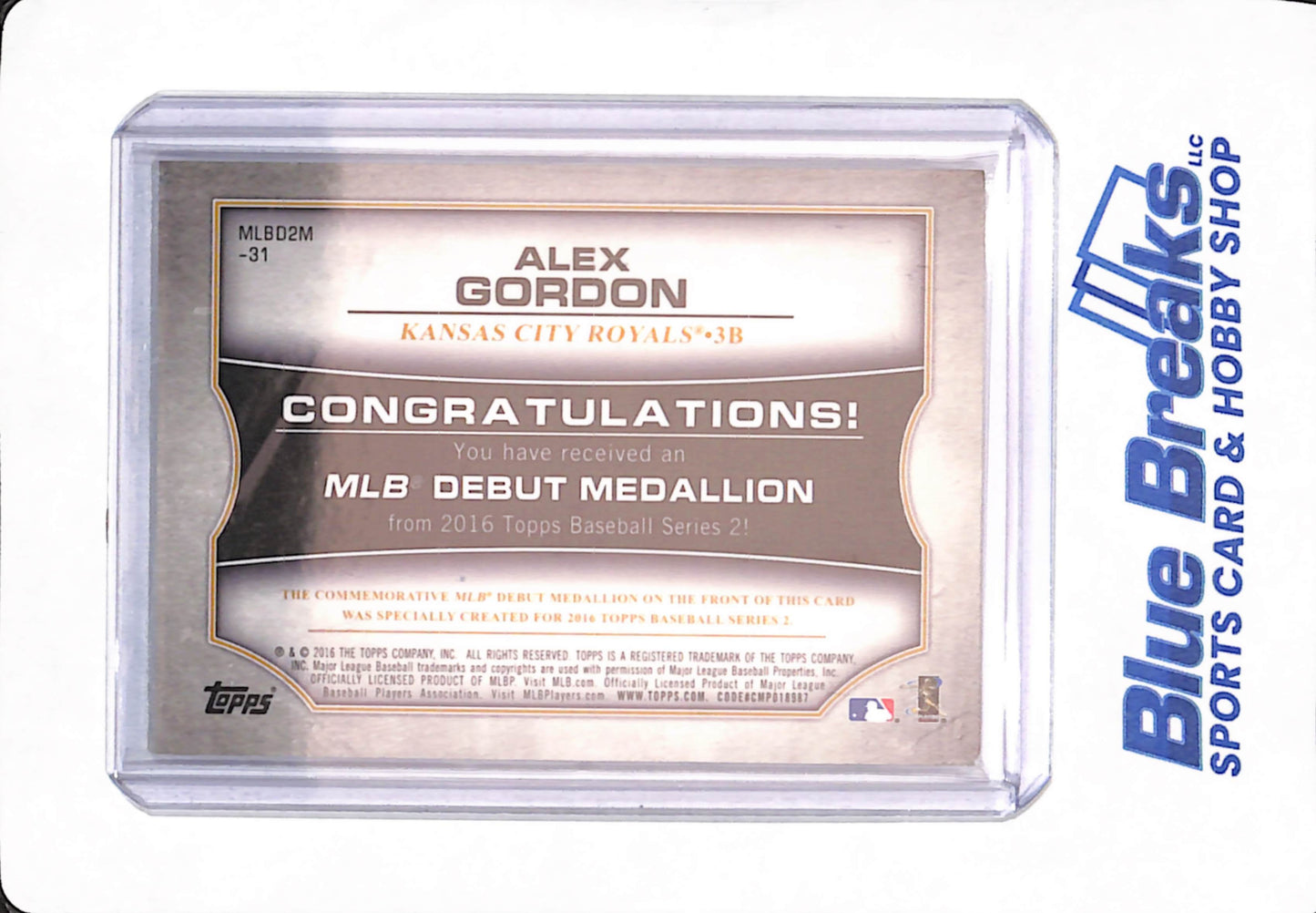2016 Topps Series 2 - Alex Gordon - Baseball - Kansas City Royals - MLB Debut Medallion - #MLBD2M-31