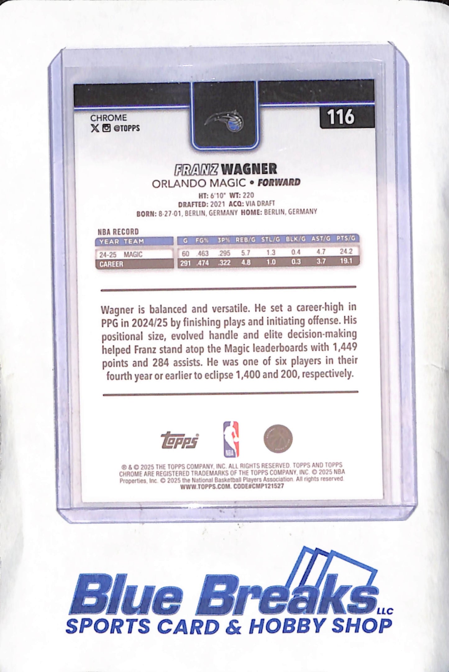 2025 Topps Chrome - Franz Wagner - Purple Chrome - 32/75 - Orlando Magic - Basketball - #116