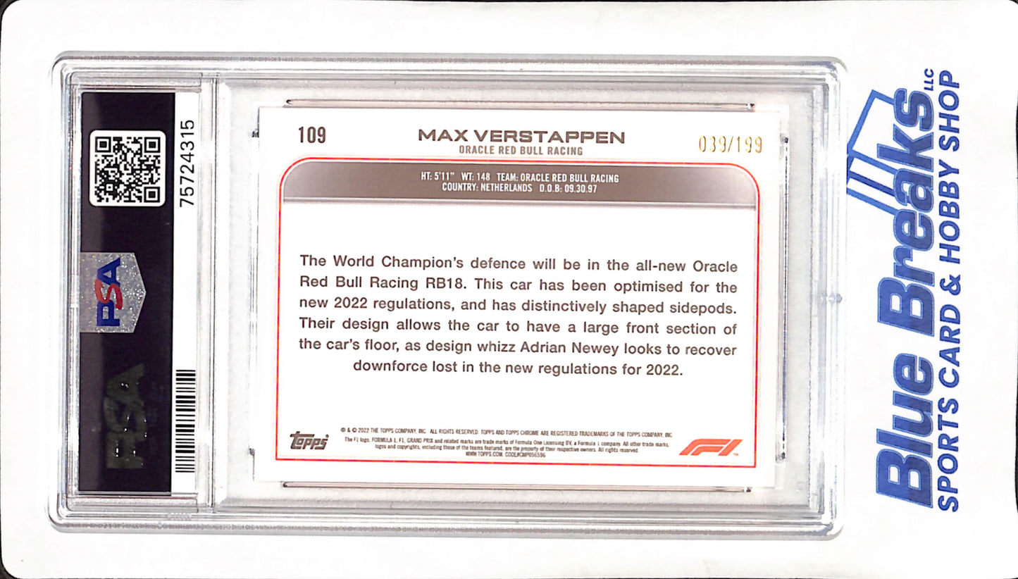 2022 Topps Chrome F1 - Max Verstappen - Purple Checker Flag Refractor - 39/199 - PSA 9 - Oracle Red Bull Racing - Formula One - #109