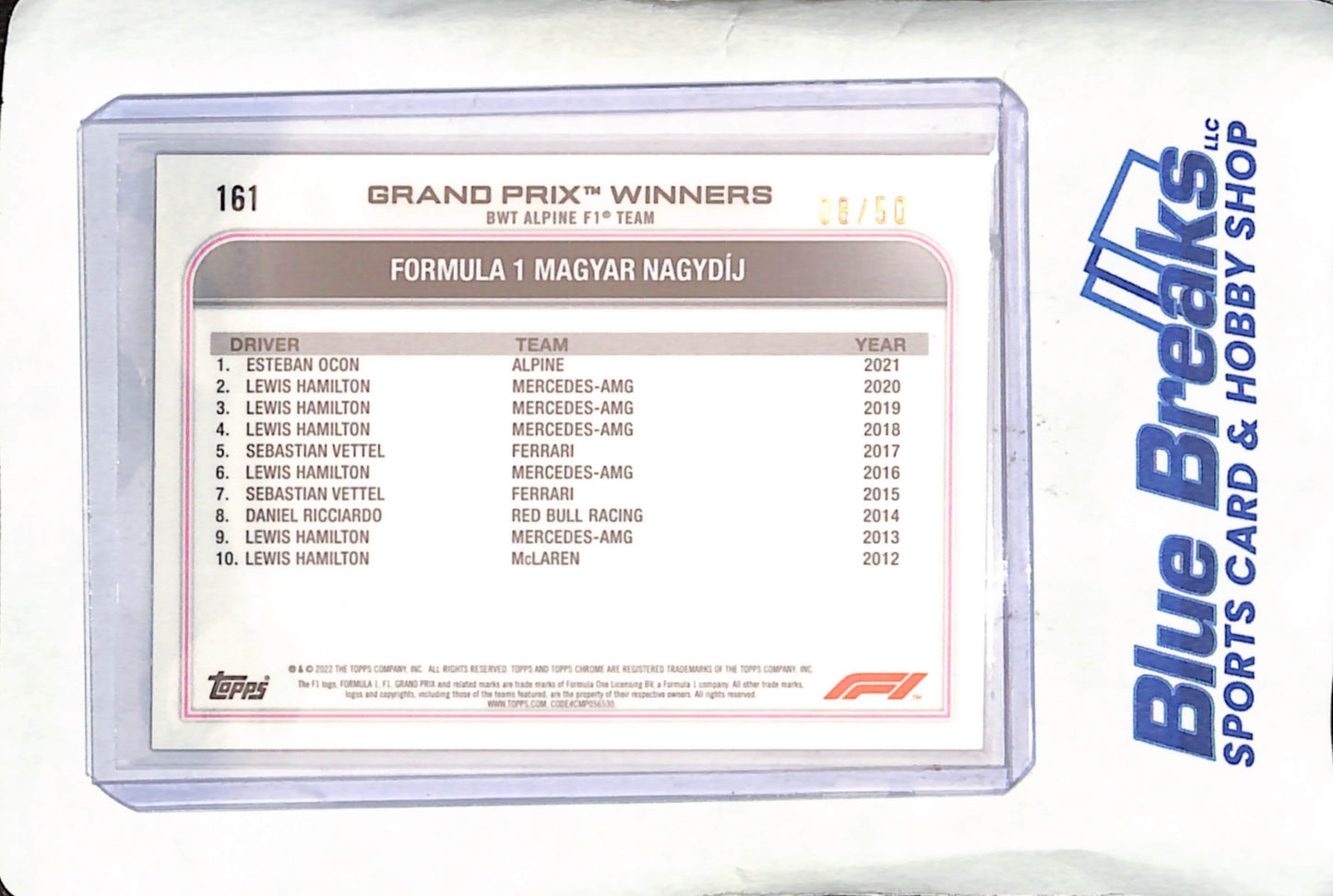 2021 Topps Chrome Sapphire F1 - Esteban Ocon - Grand Prix Winners - 8/50 - Gold - BWT Alpine F1 Team - Formula One - #161