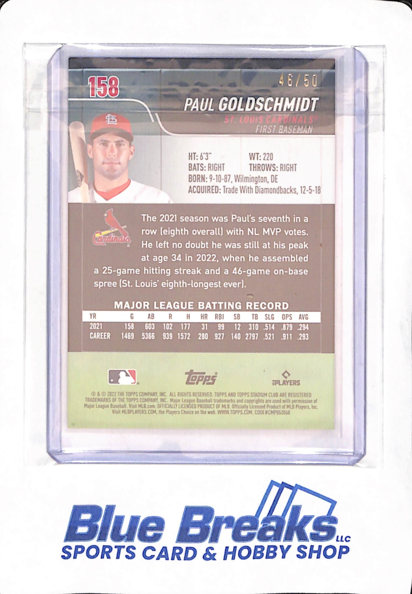 2022 Topps Stadium Club - Paul Goldschmidt - Baseball - St. Louis Cardinals - Blue - 46/50 - #158