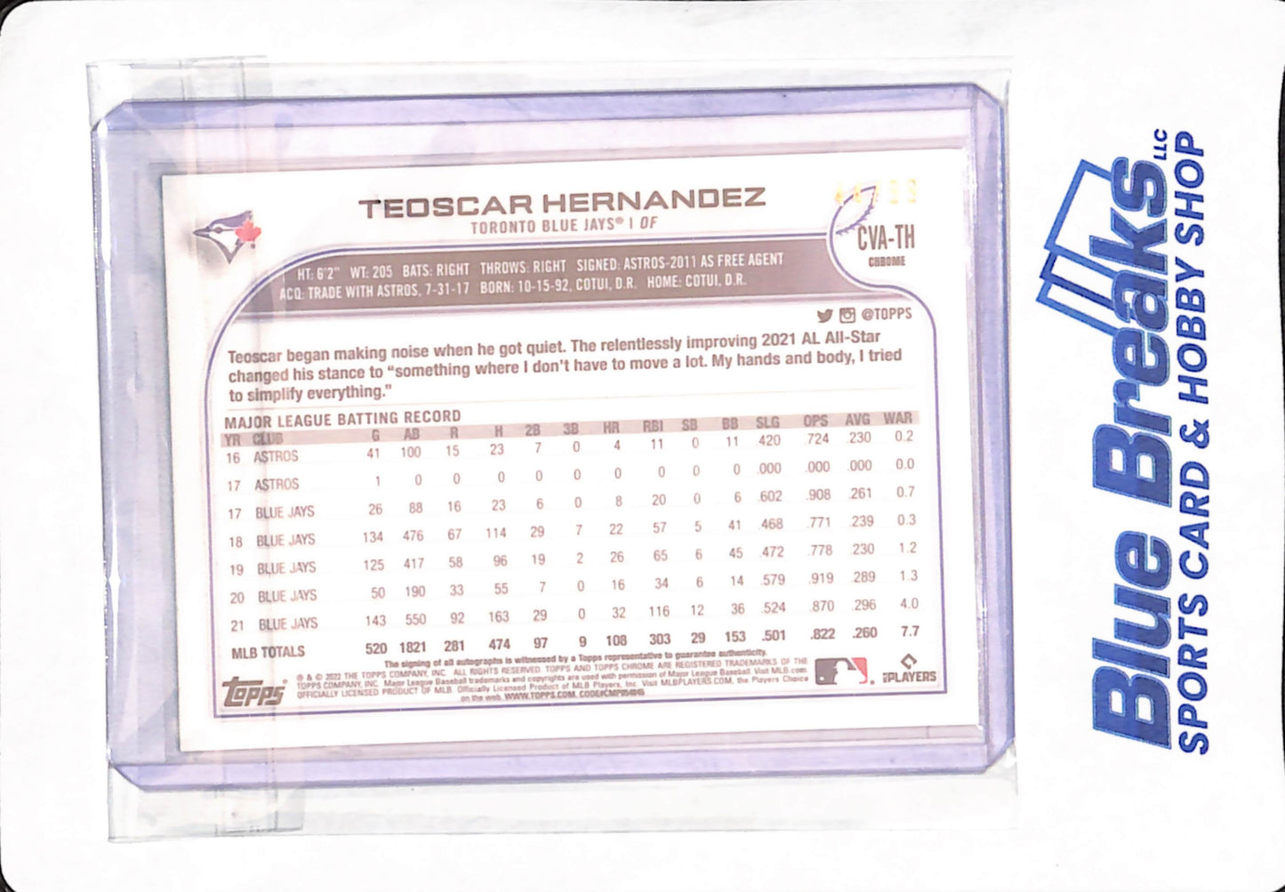 2022 Topps Chrome - Teoscar Hernandez - Baseball - Toronto Blue Jays - Green - 44/99 - Autographed